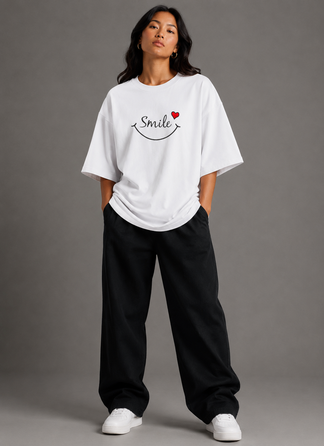 Zellee "Smile Heart" Line-Stitch Relaxed Fit Oversized T-Shirt