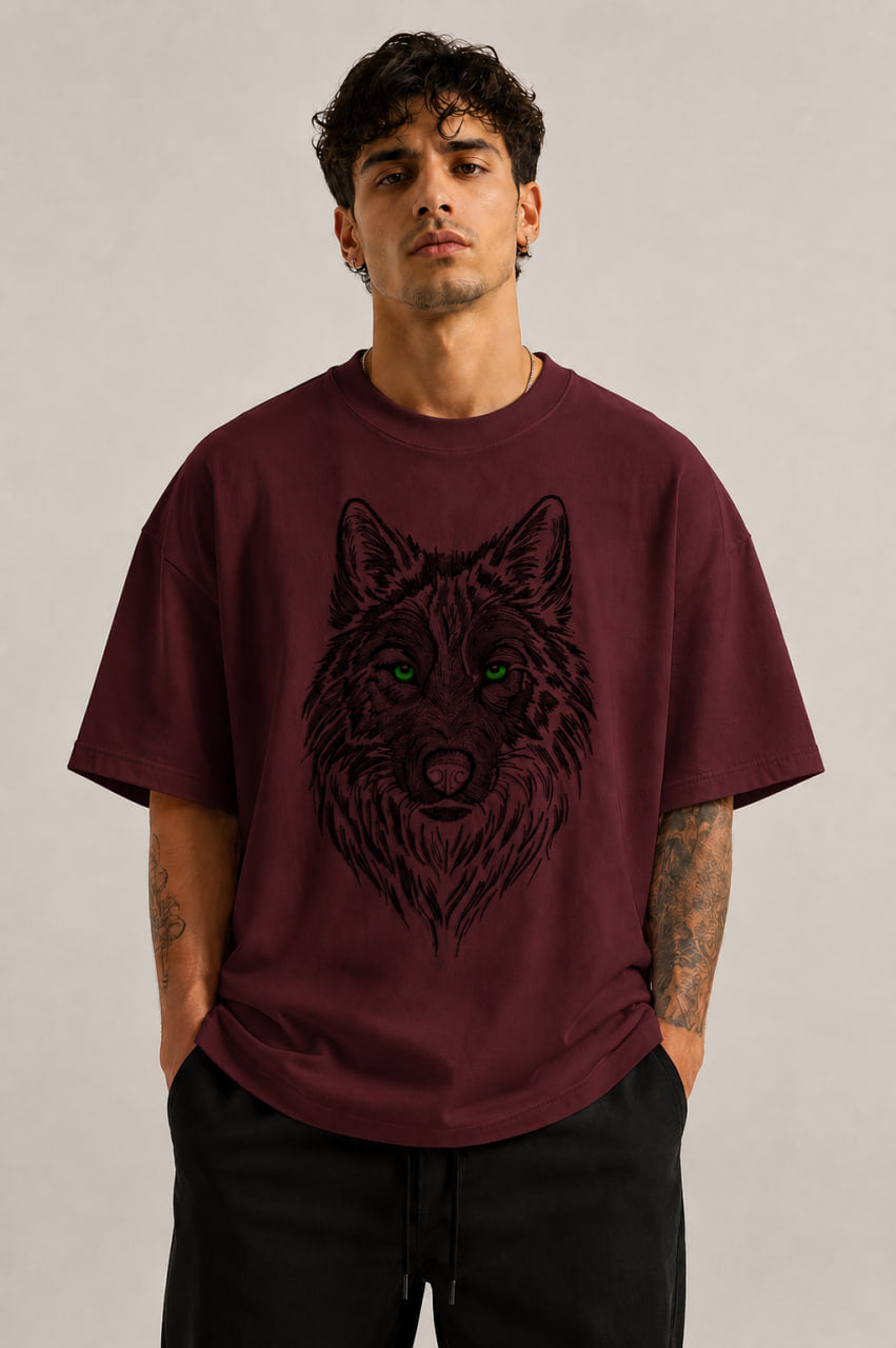 Zellee Premium Green-Eyed Wolf Embroidered Oversized White T-Shirt