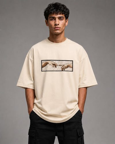 Zellee The Creation of Adam Embroidered Oversized T-Shirt - White