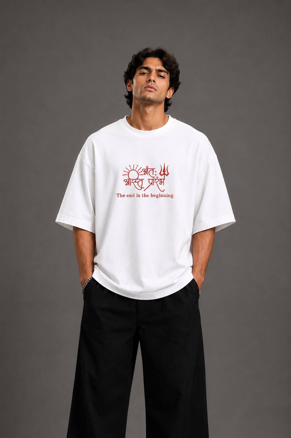 Zellee "Prarambh" High-Density Script Embroidered Oversized Relaxed Fit T-Shirt