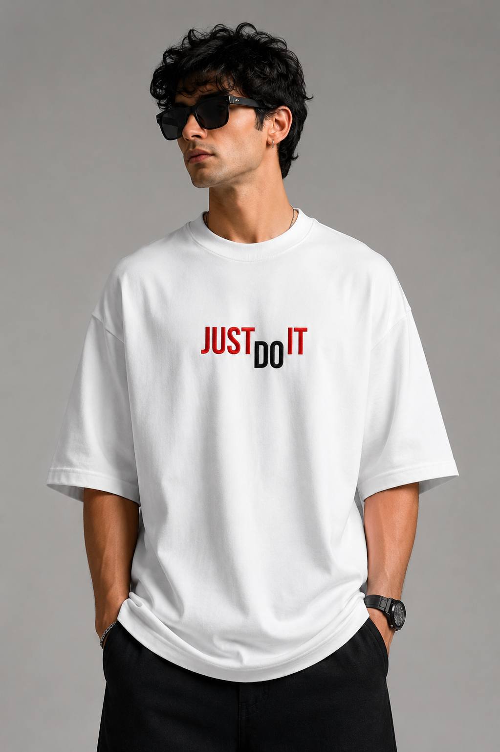 Zellee "Just Do It" High-Density Typographic Embroidered Oversized Relaxed Fit T-Shirt