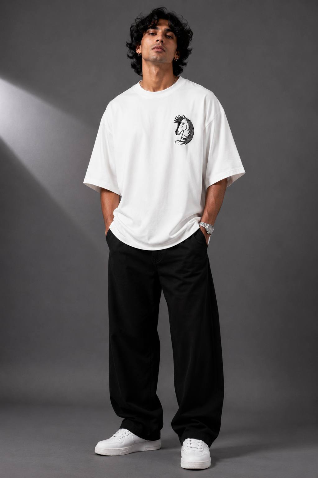 Zellee Minimalist "Equestrian Crest" Chest Embroidered Boxy Oversized Relaxed Fit T-Shirt