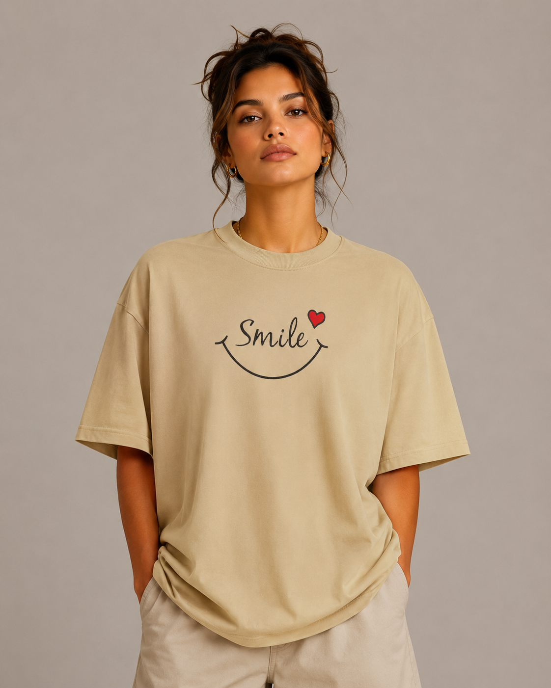 Zellee "Smile Heart" Line-Stitch Relaxed Fit Oversized T-Shirt