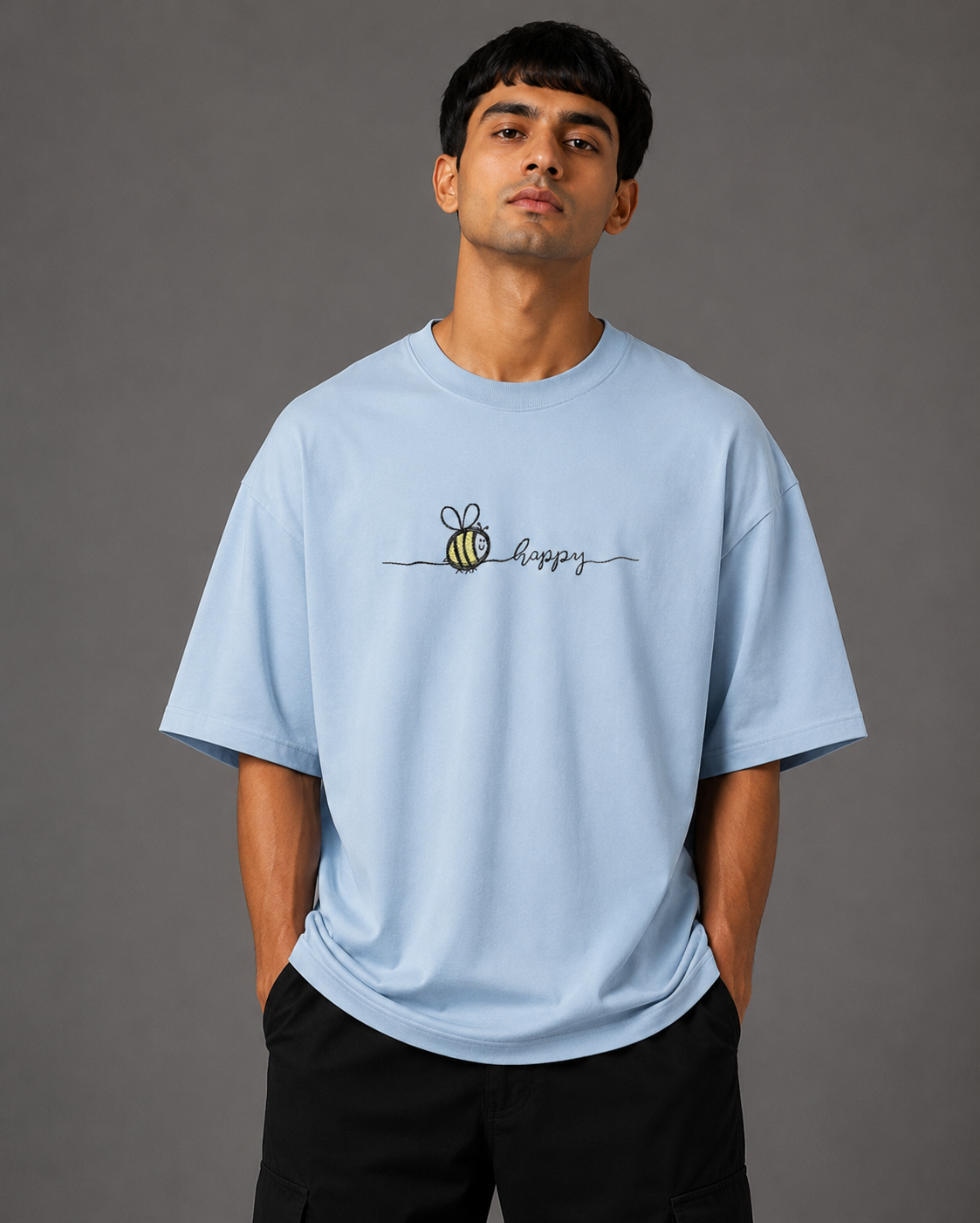Zellee "Bee Happy" Line-Stitch Relaxed Fit Oversized T-Shirt