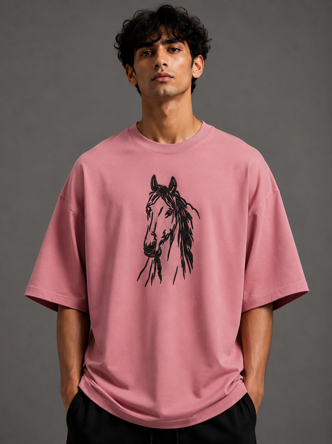 Zellee "Ink-Stitch Horse" Heavyweight Oversized Relaxed Fit T-Shirt