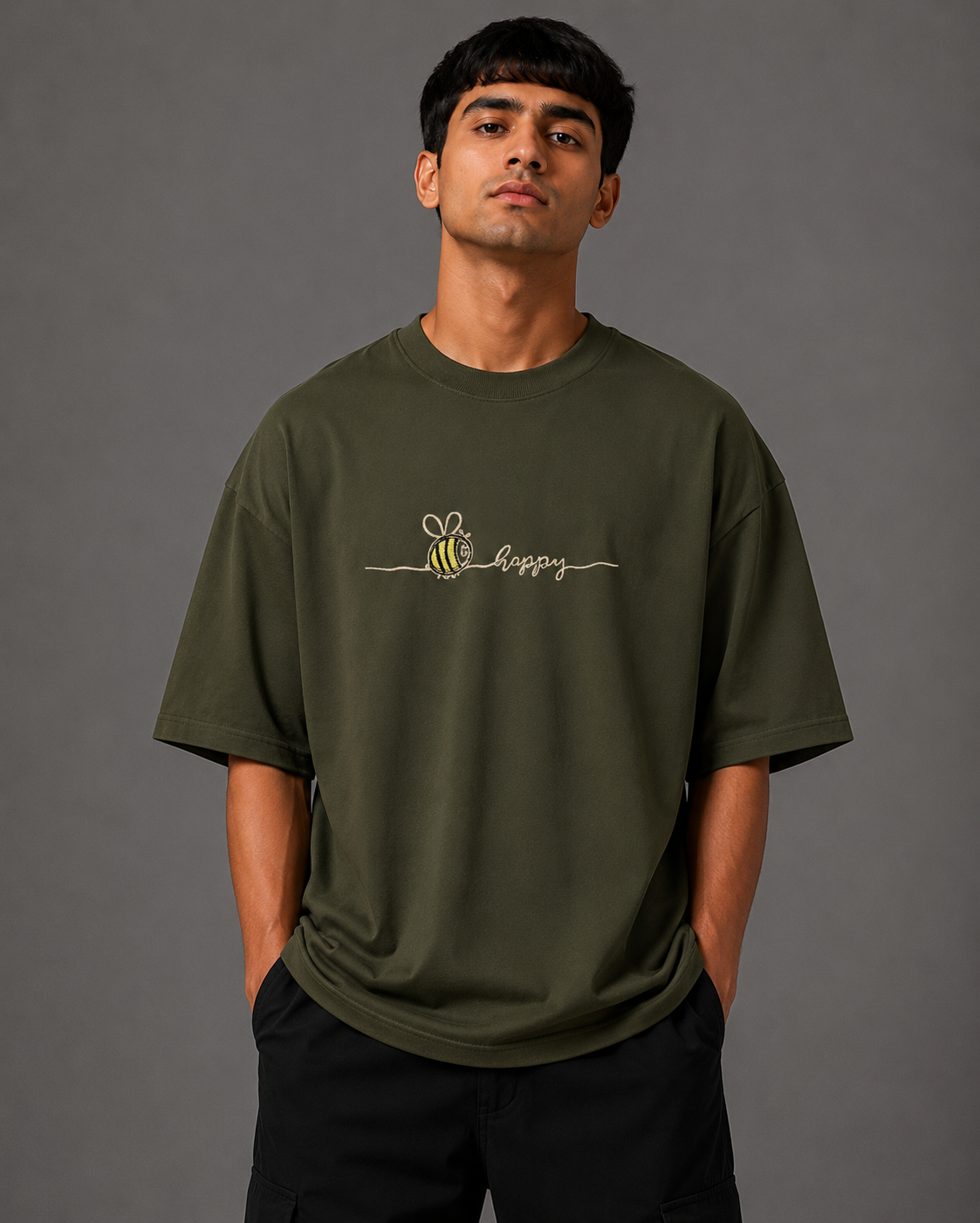 Zellee "Bee Happy" Line-Stitch Relaxed Fit Oversized T-Shirt