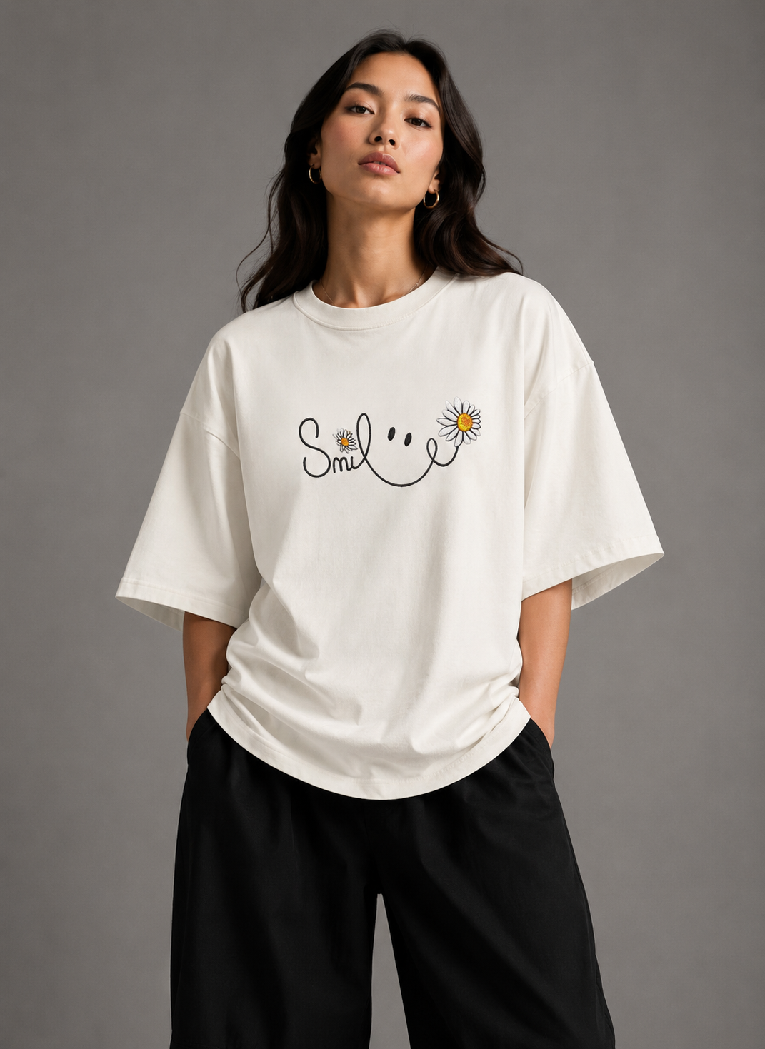 Zellee "Floral Smile" Line-Stitch Relaxed Fit Oversized T-Shirt