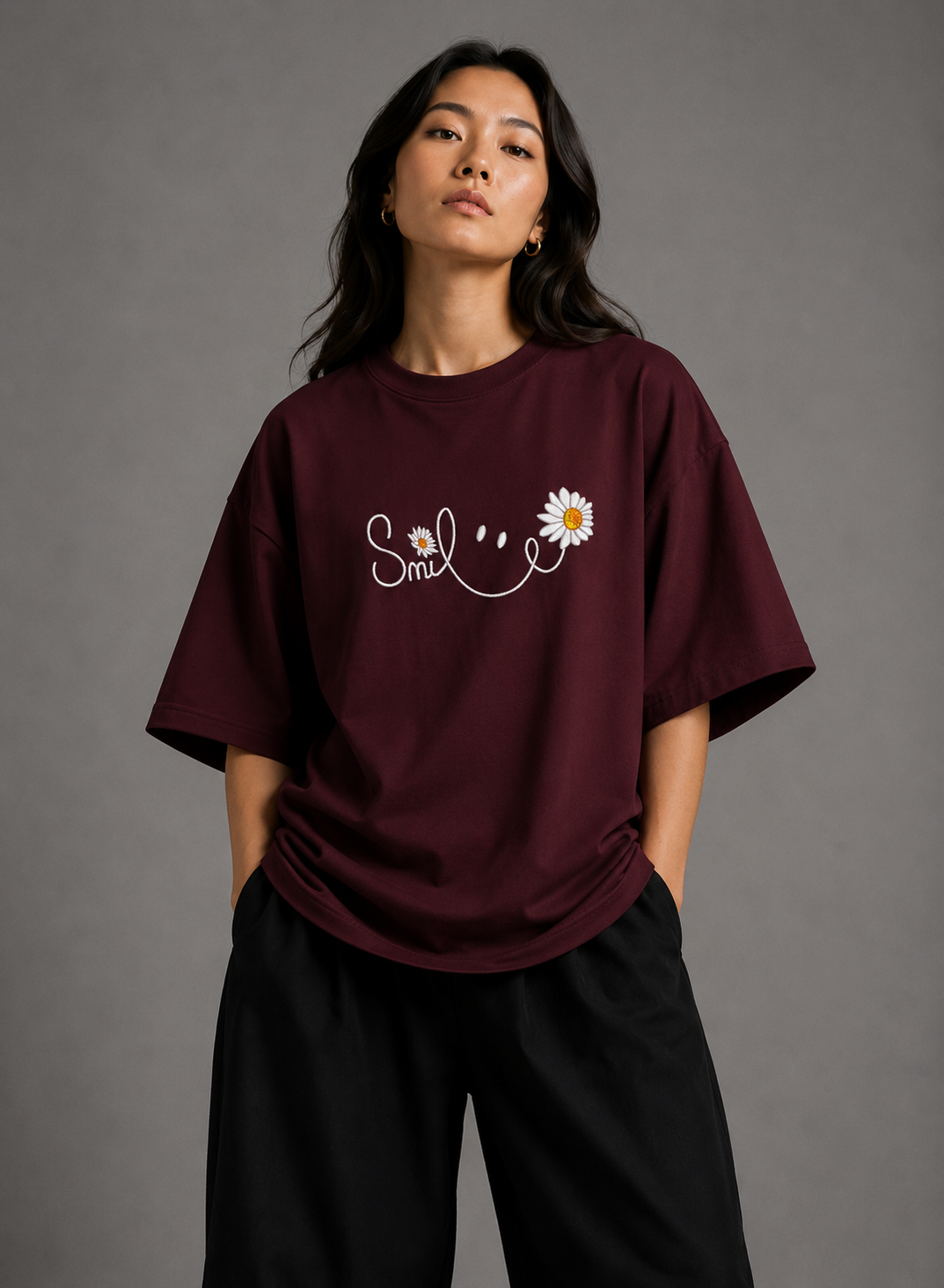 Zellee "Floral Smile" Line-Stitch Relaxed Fit Oversized T-Shirt