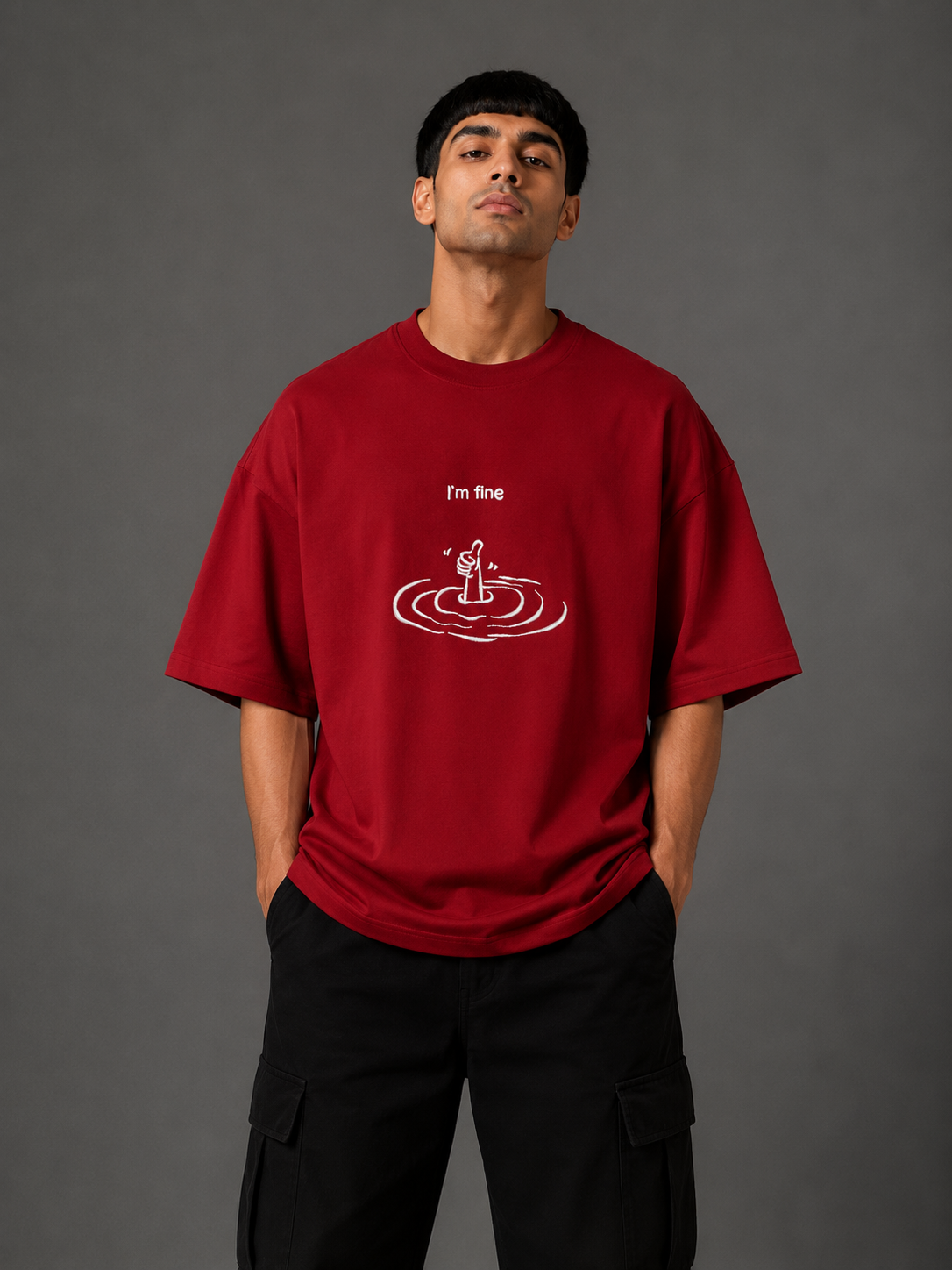 Zellee "I'm Fine" Line-Stitch Relaxed Fit Oversized T-Shirt