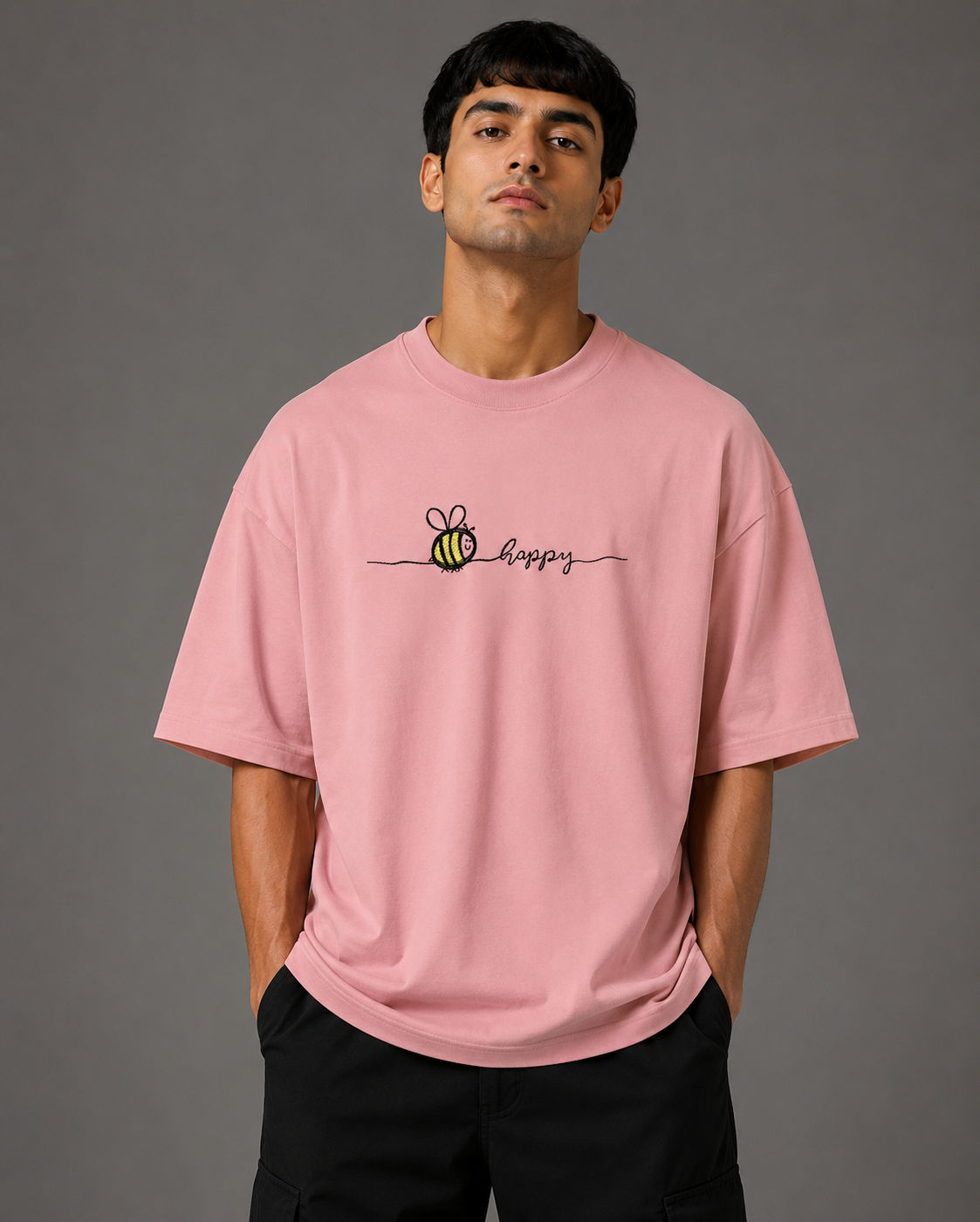 Zellee "Bee Happy" Line-Stitch Relaxed Fit Oversized T-Shirt