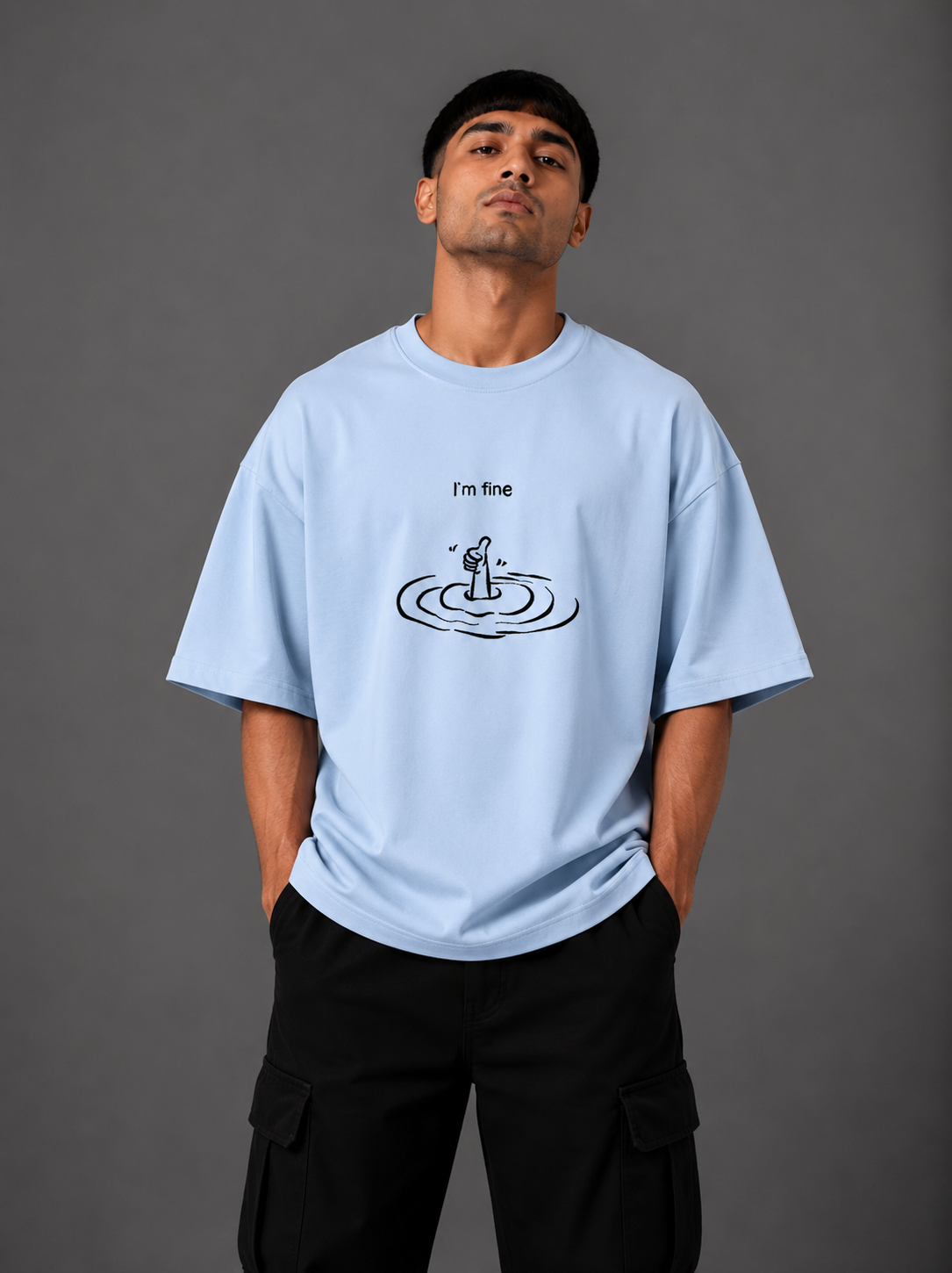 Zellee "I'm Fine" Line-Stitch Relaxed Fit Oversized T-Shirt