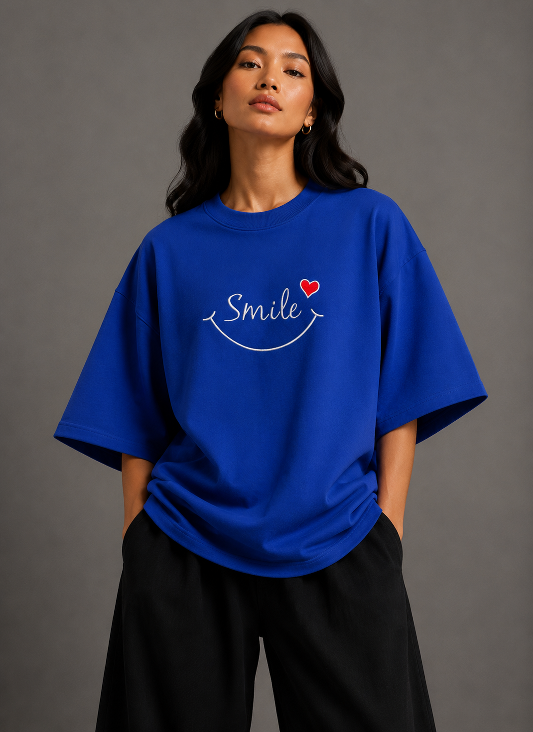 Zellee "Smile Heart" Line-Stitch Relaxed Fit Oversized T-Shirt