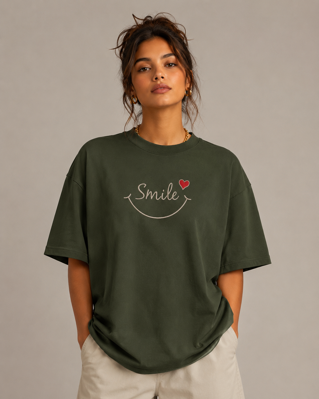 Zellee "Smile Heart" Line-Stitch Relaxed Fit Oversized T-Shirt