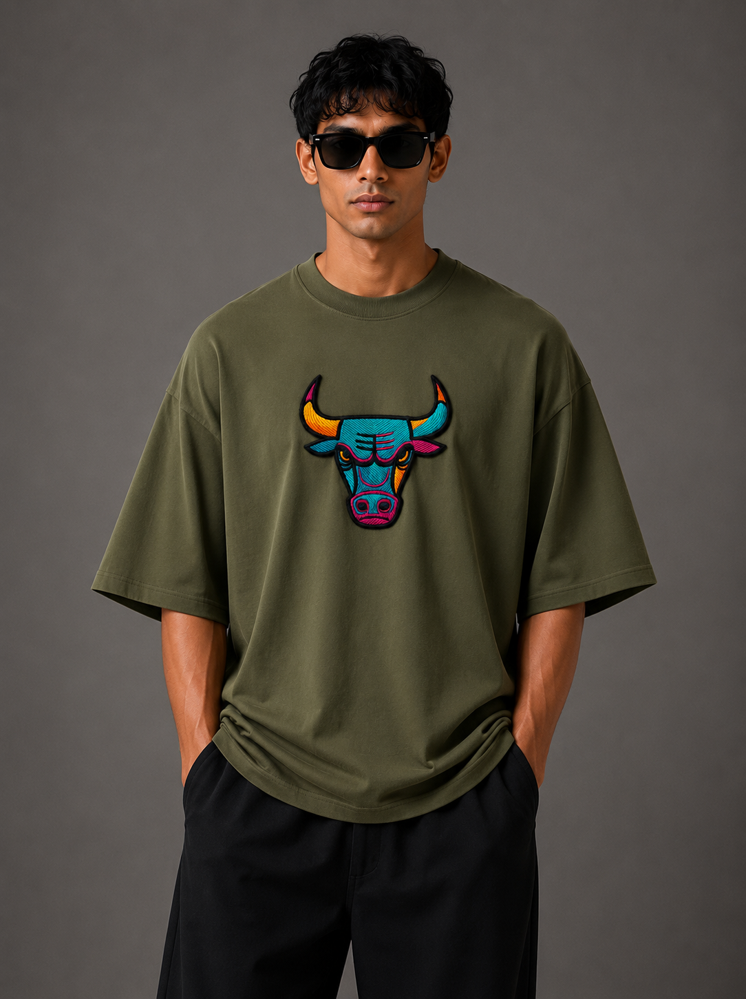 Zellee "Neon Bull" Multi-Stitch Relaxed Fit Oversized T-Shirt