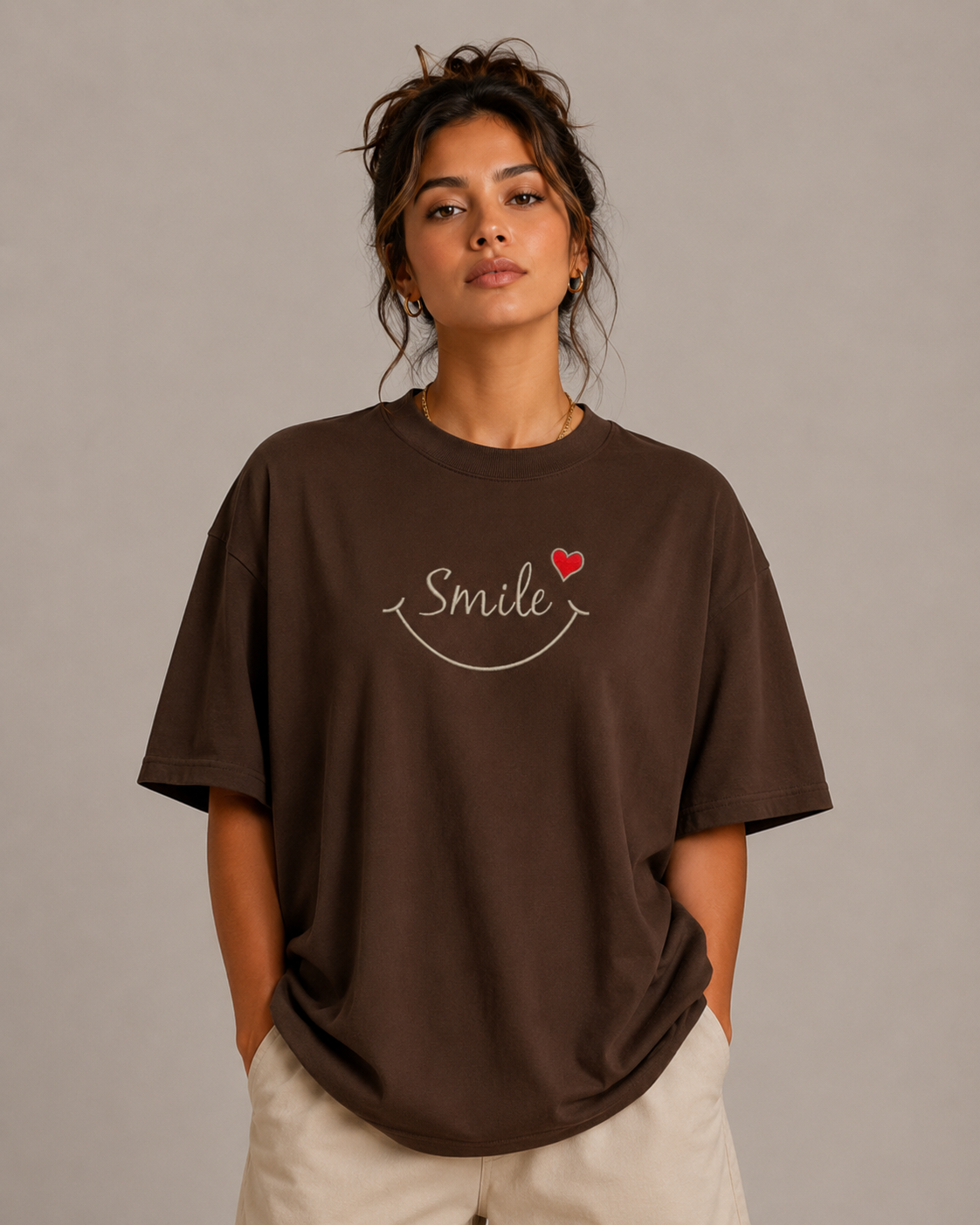 Zellee "Smile Heart" Line-Stitch Relaxed Fit Oversized T-Shirt