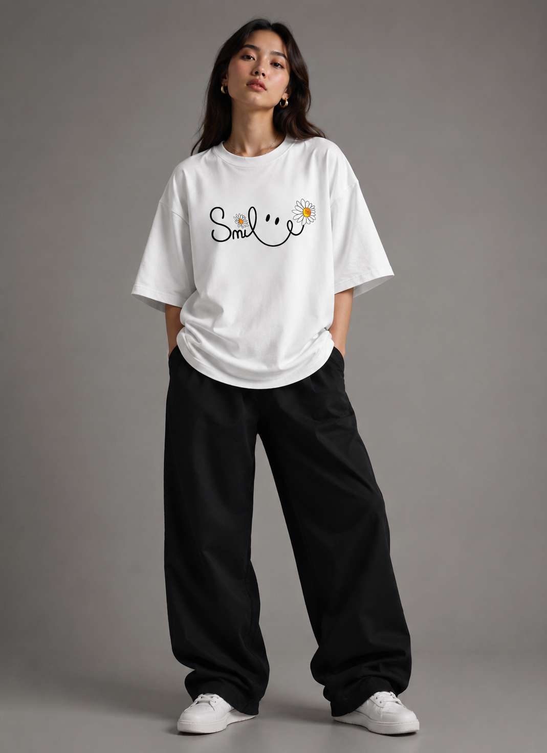 Zellee "Floral Smile" Line-Stitch Relaxed Fit Oversized T-Shirt