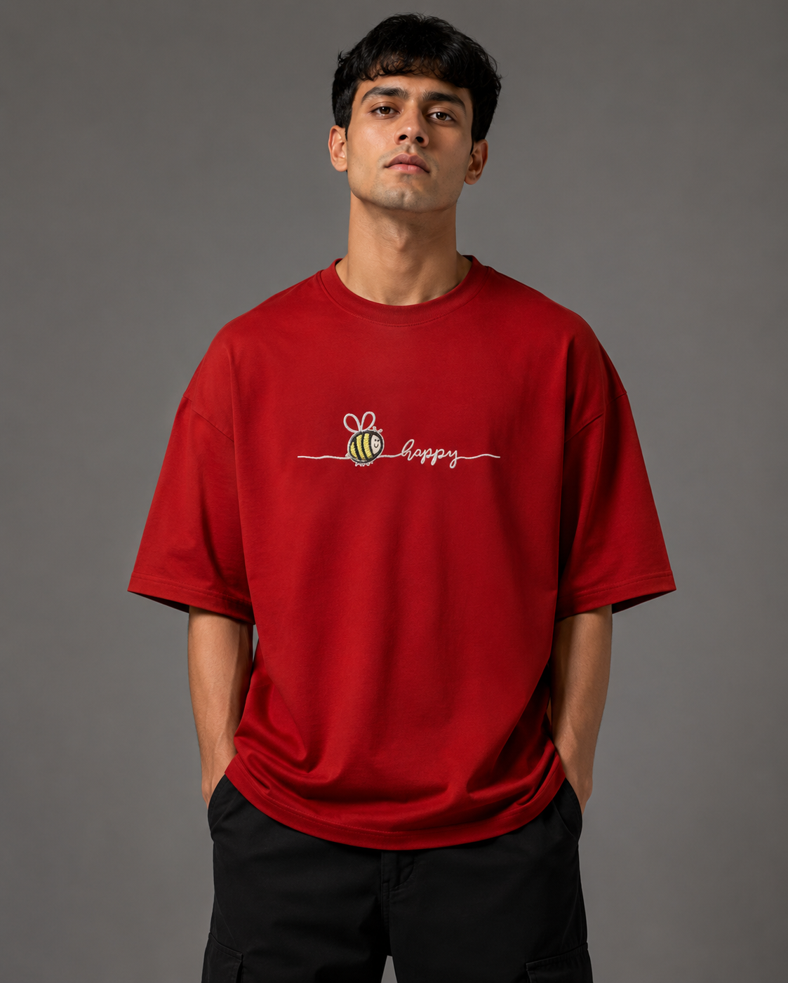 Zellee "Bee Happy" Line-Stitch Relaxed Fit Oversized T-Shirt