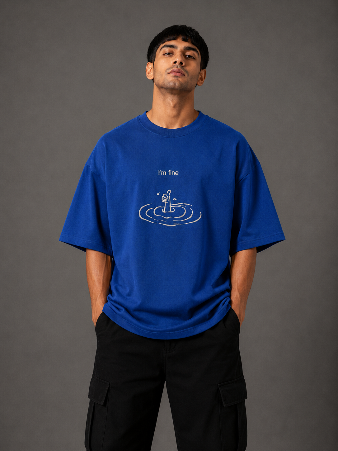 Zellee "I'm Fine" Line-Stitch Relaxed Fit Oversized T-Shirt