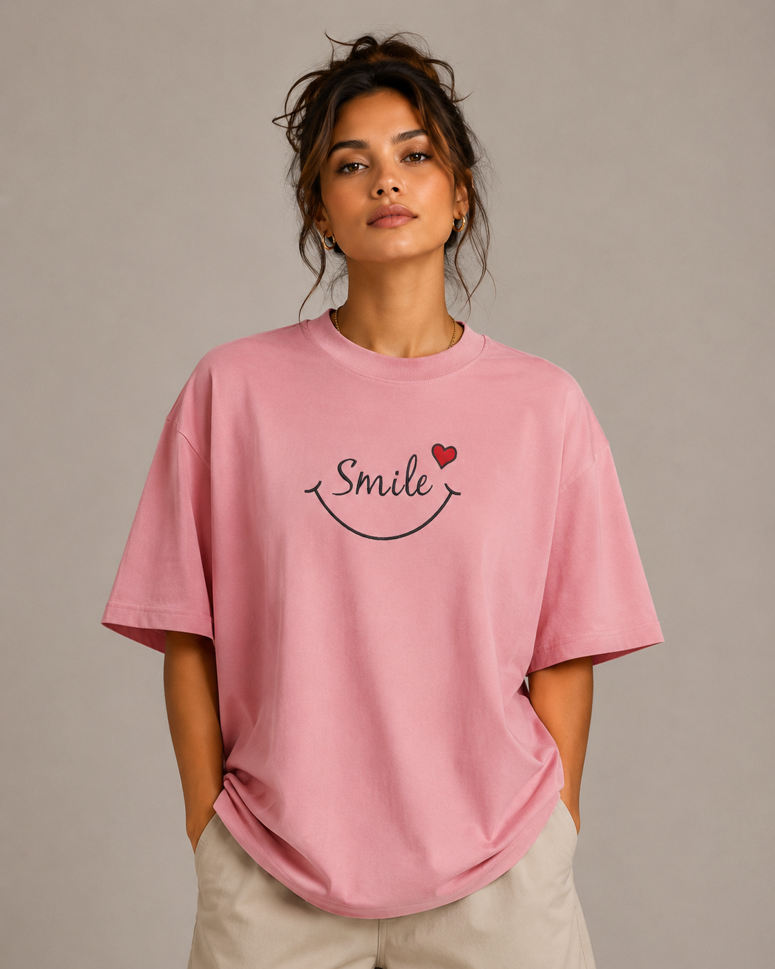 Zellee "Smile Heart" Line-Stitch Relaxed Fit Oversized T-Shirt
