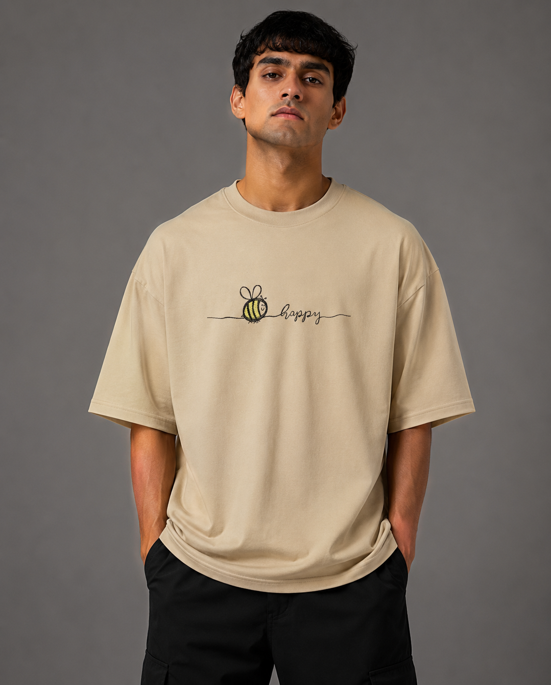 Zellee "Bee Happy" Line-Stitch Relaxed Fit Oversized T-Shirt