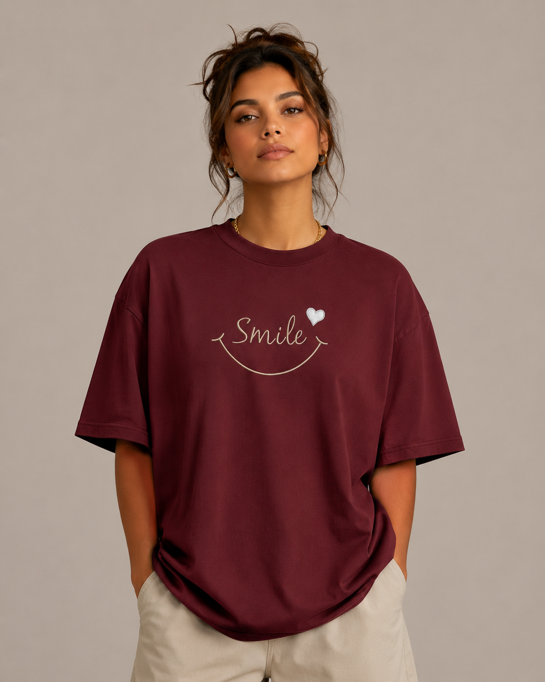 Zellee "Smile Heart" Line-Stitch Relaxed Fit Oversized T-Shirt