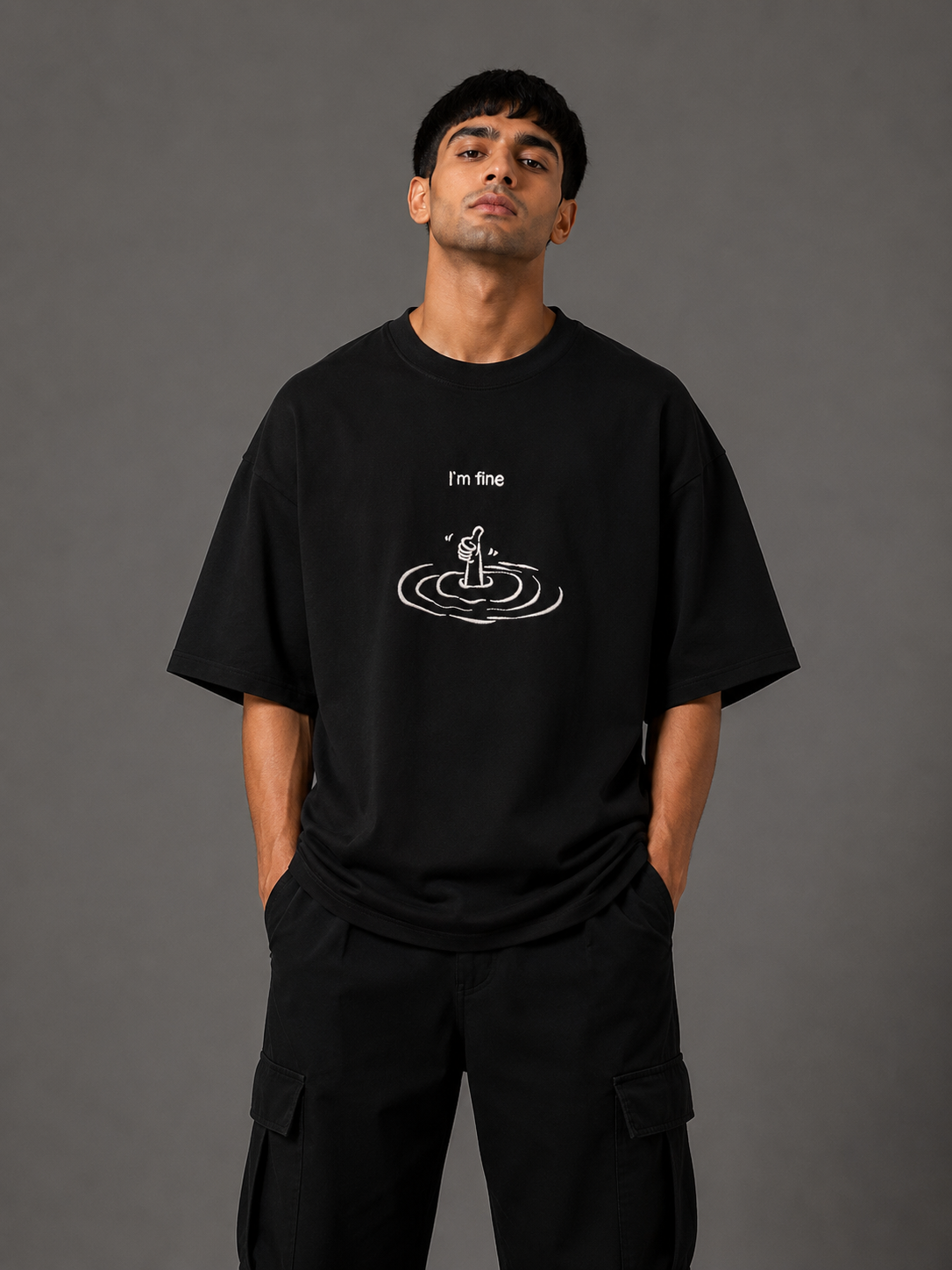 Zellee "I'm Fine" Line-Stitch Relaxed Fit Oversized T-Shirt