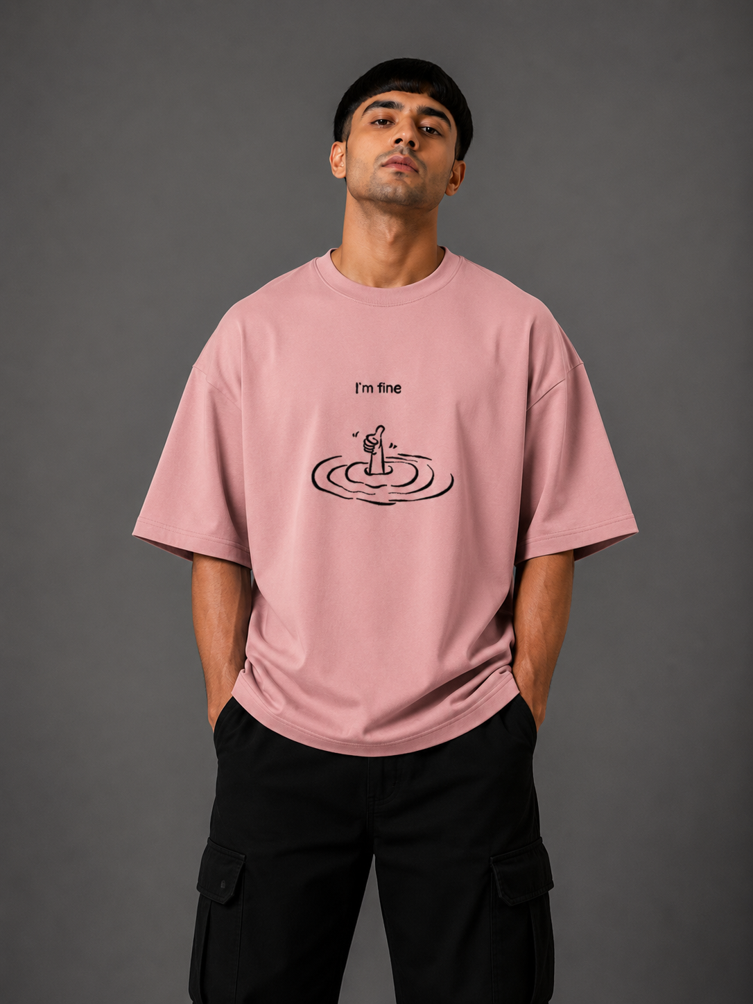 Zellee "I'm Fine" Line-Stitch Relaxed Fit Oversized T-Shirt