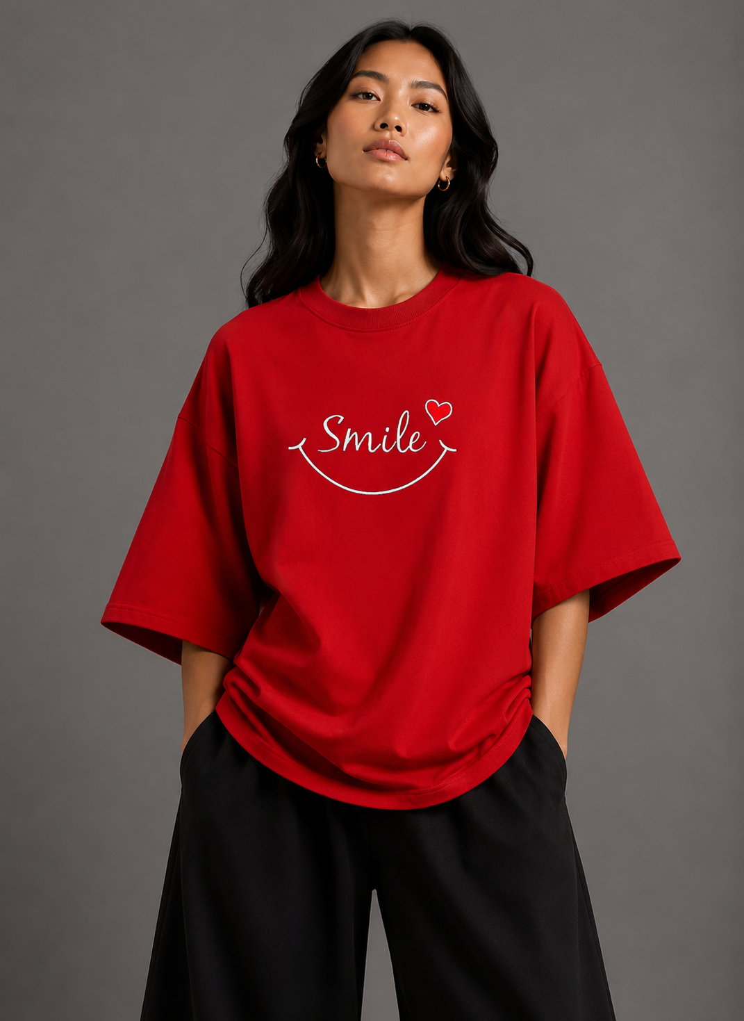 Zellee "Smile Heart" Line-Stitch Relaxed Fit Oversized T-Shirt