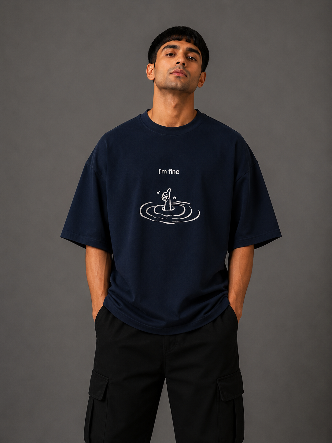 Zellee "I'm Fine" Line-Stitch Relaxed Fit Oversized T-Shirt