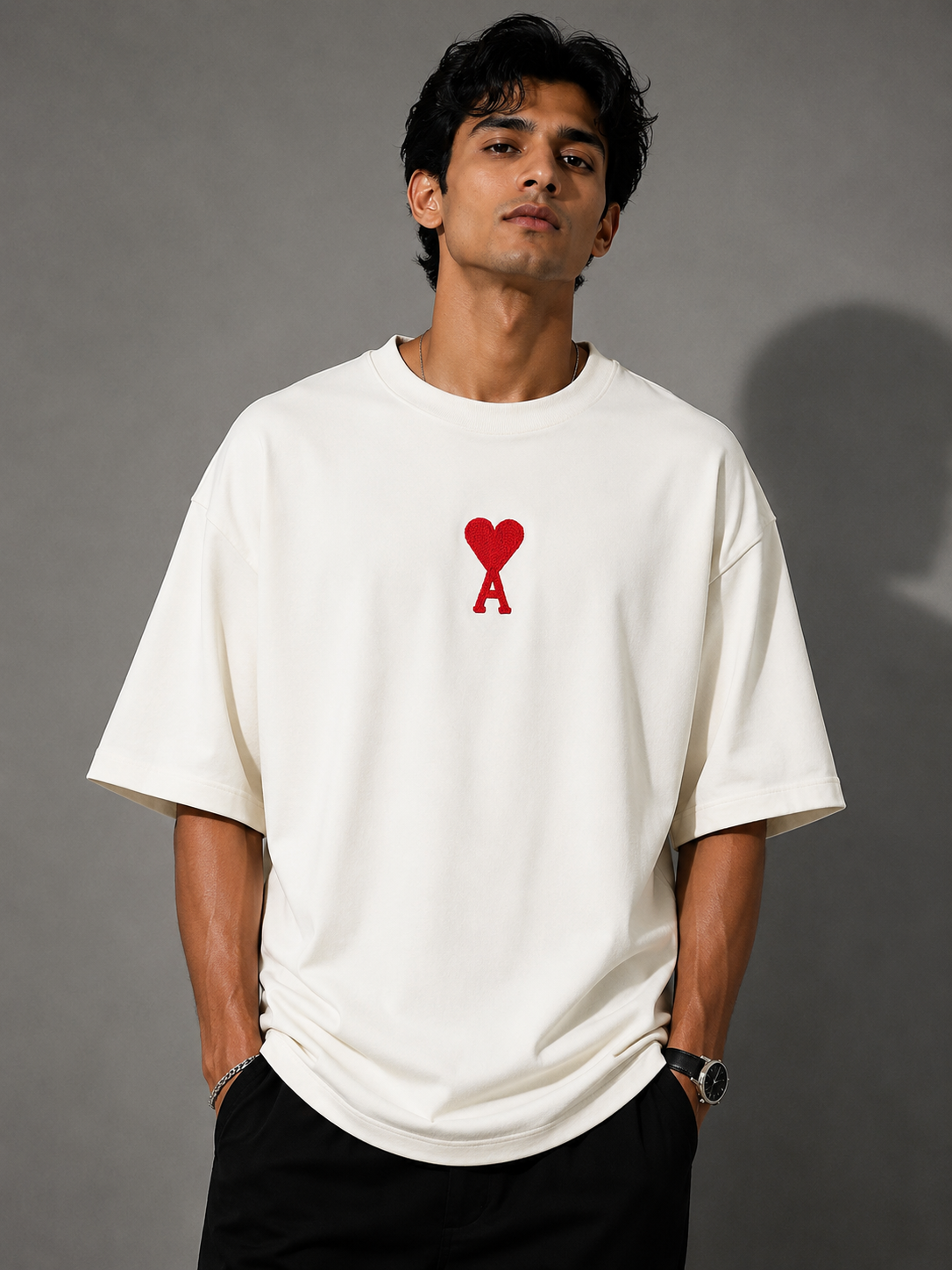 Zellee "Aesthetic Heart" High-Density Embroidered Oversized Relaxed Fit T-Shirt