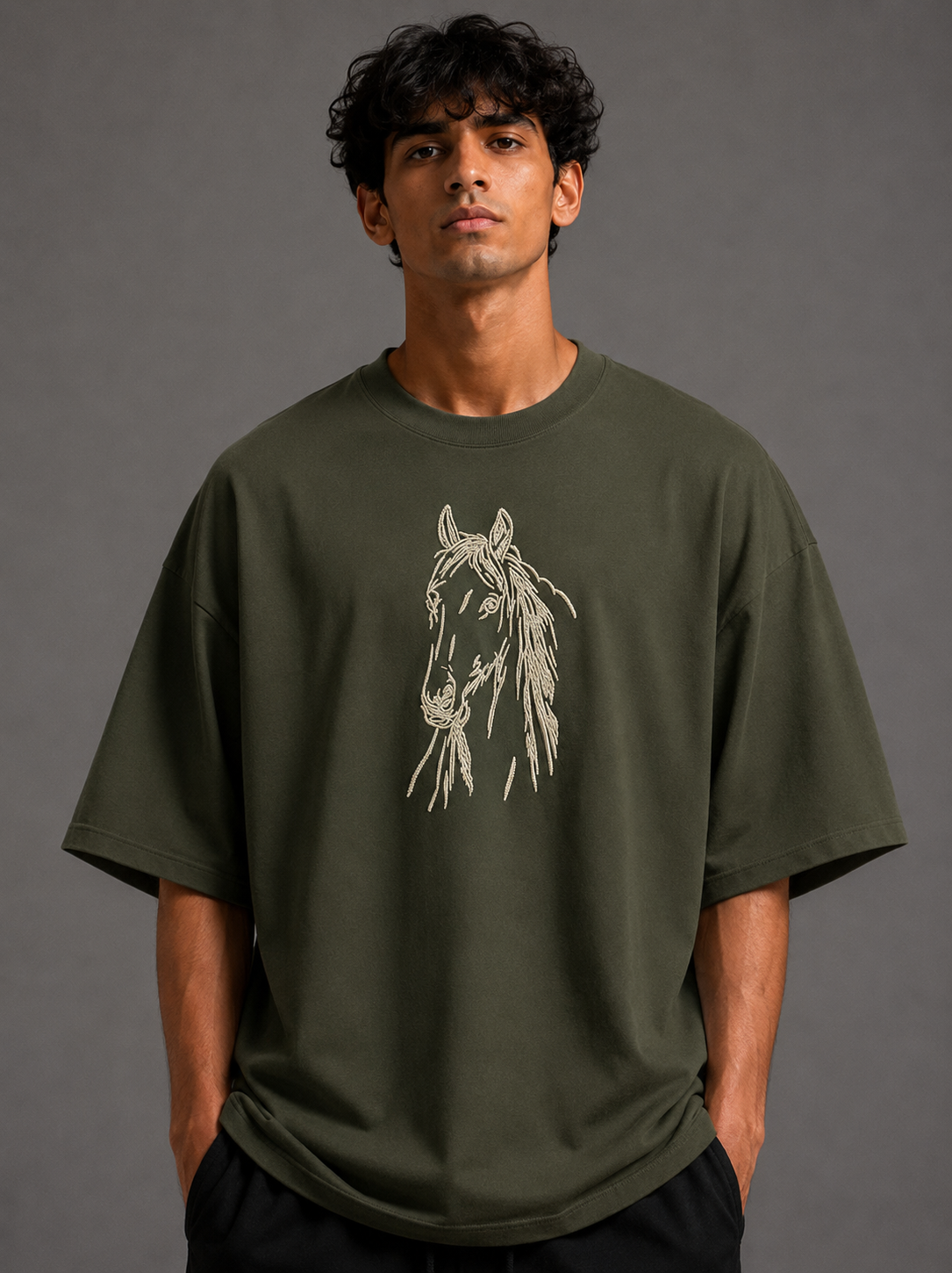 Zellee "Ink-Stitch Horse" Heavyweight Oversized Relaxed Fit T-Shirt