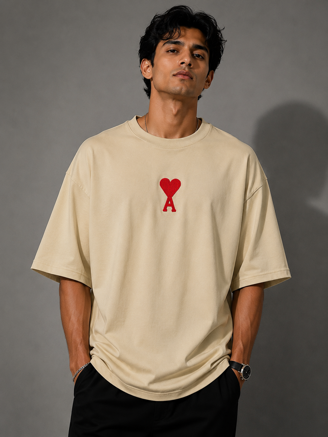 Zellee "Aesthetic Heart" High-Density Embroidered Oversized Relaxed Fit T-Shirt