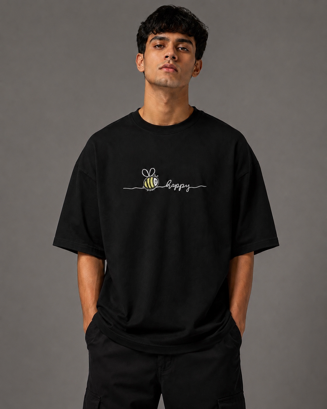 Zellee "Bee Happy" Line-Stitch Relaxed Fit Oversized T-Shirt