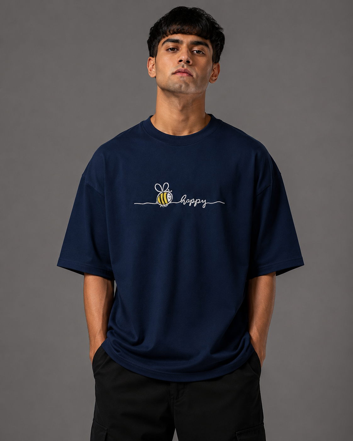 Zellee "Bee Happy" Line-Stitch Relaxed Fit Oversized T-Shirt