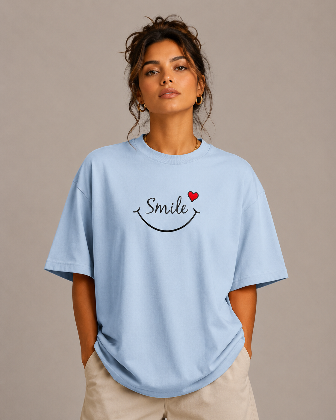 Zellee "Smile Heart" Line-Stitch Relaxed Fit Oversized T-Shirt