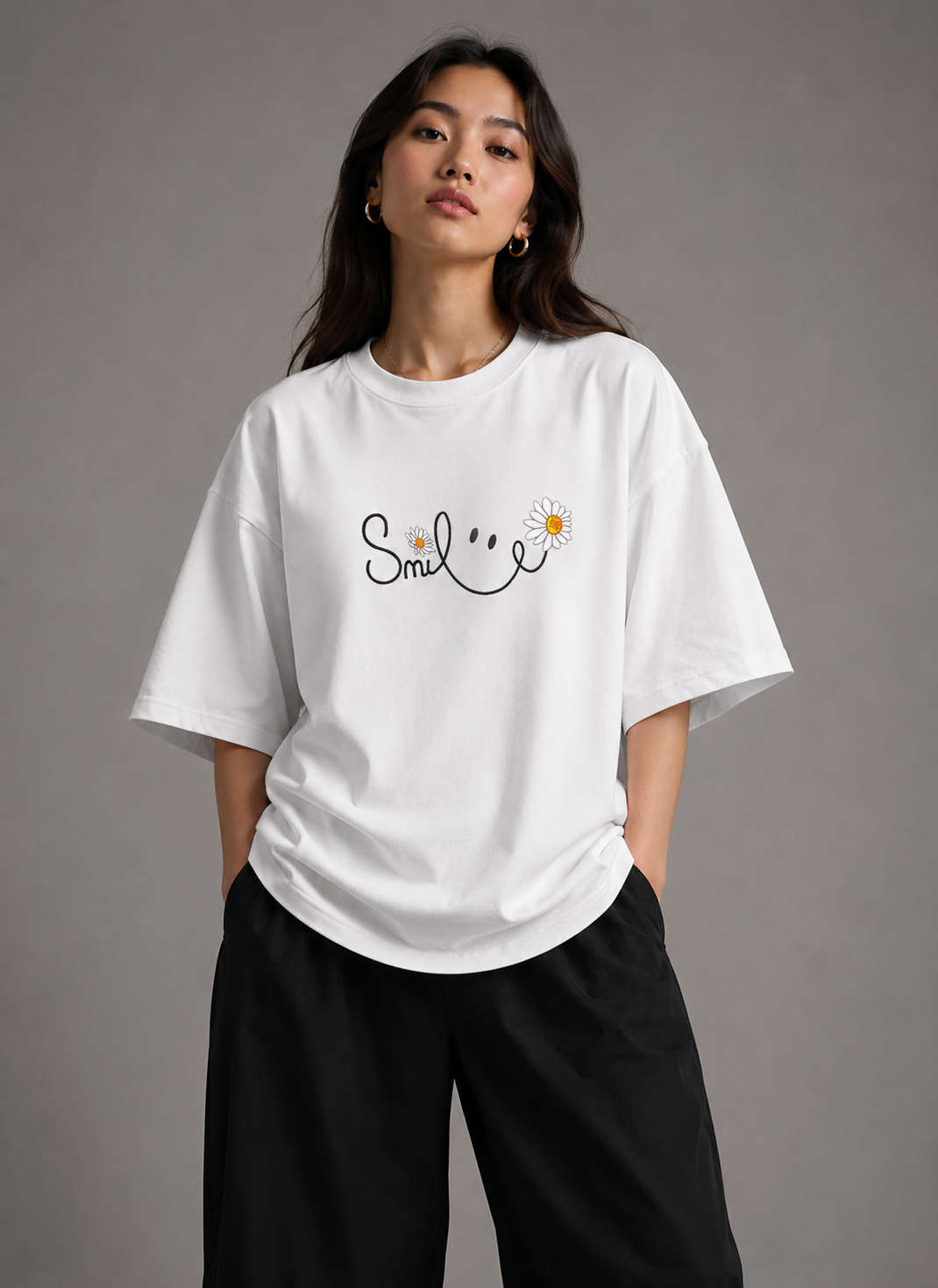 Zellee "Floral Smile" Line-Stitch Relaxed Fit Oversized T-Shirt