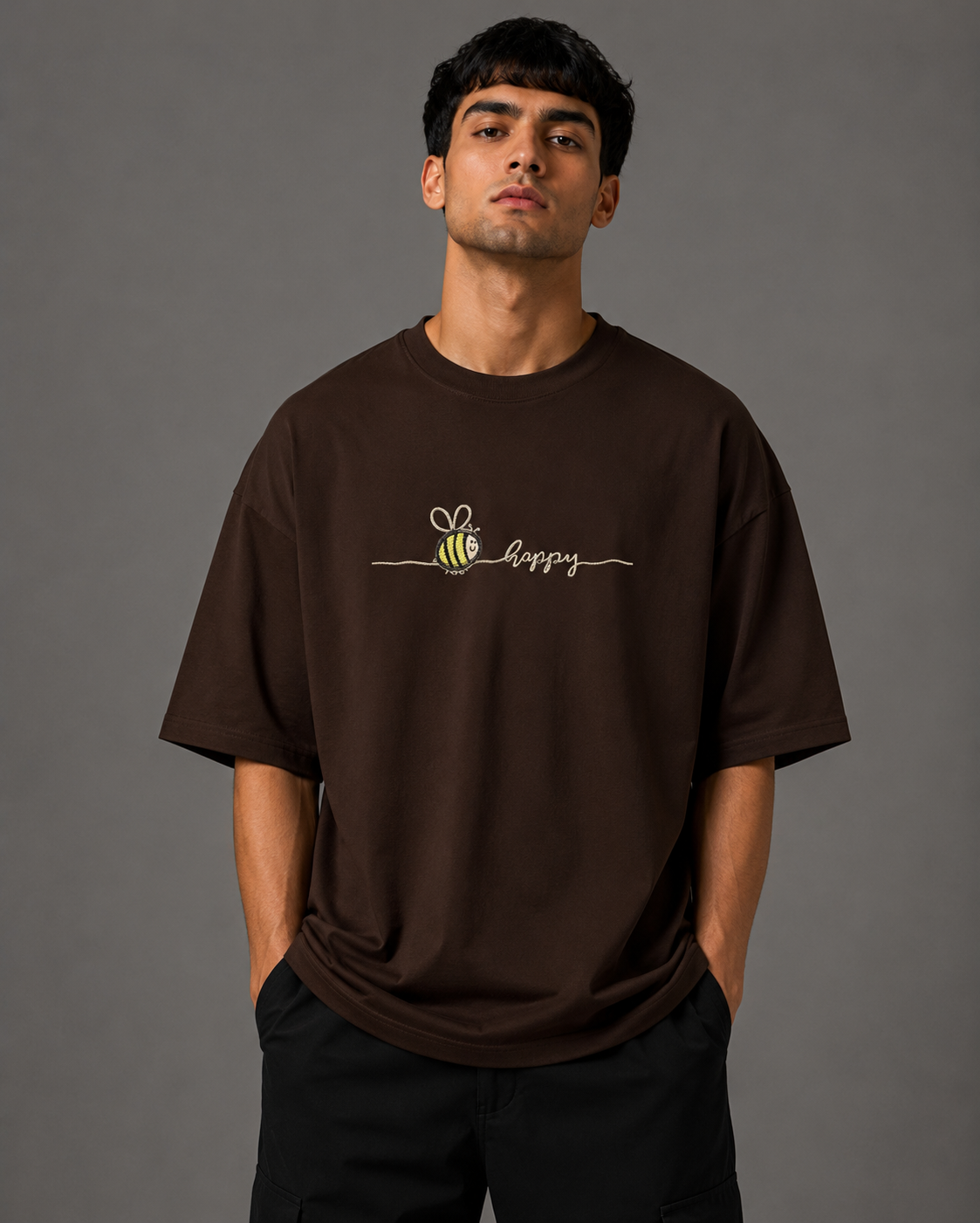 Zellee "Bee Happy" Line-Stitch Relaxed Fit Oversized T-Shirt