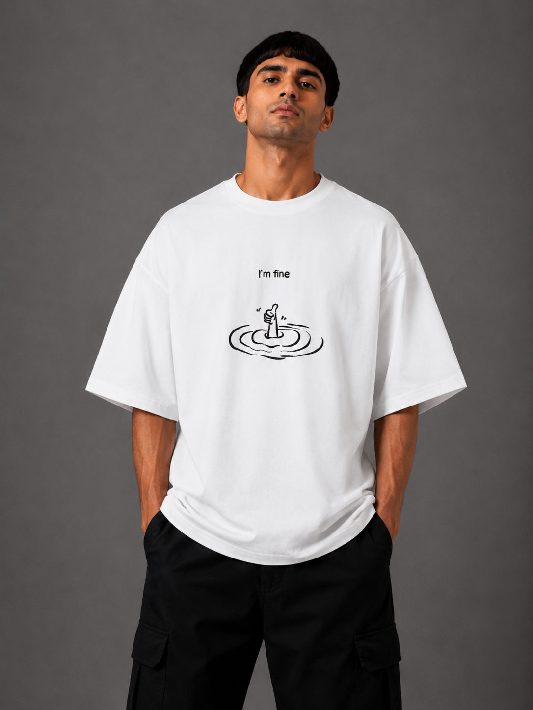 Zellee "I'm Fine" Line-Stitch Relaxed Fit Oversized T-Shirt