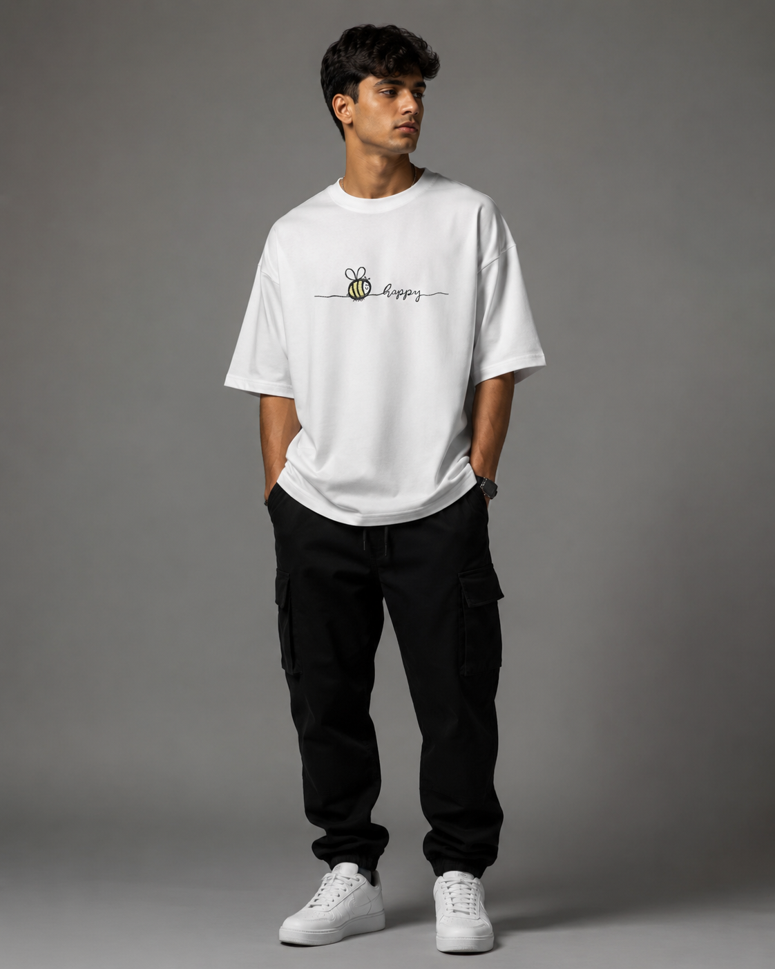 Zellee "Bee Happy" Line-Stitch Relaxed Fit Oversized T-Shirt