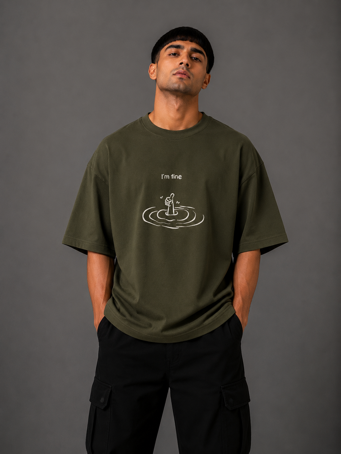 Zellee "I'm Fine" Line-Stitch Relaxed Fit Oversized T-Shirt