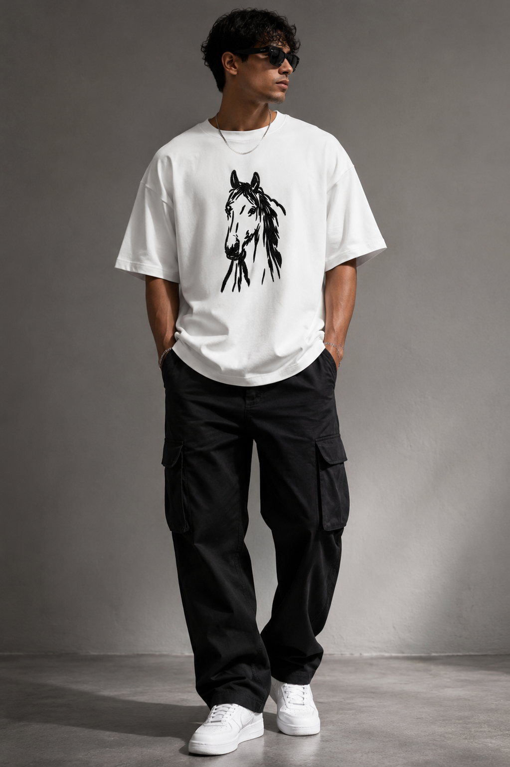 Zellee "Ink-Stitch Horse" Heavyweight Oversized Relaxed Fit T-Shirt