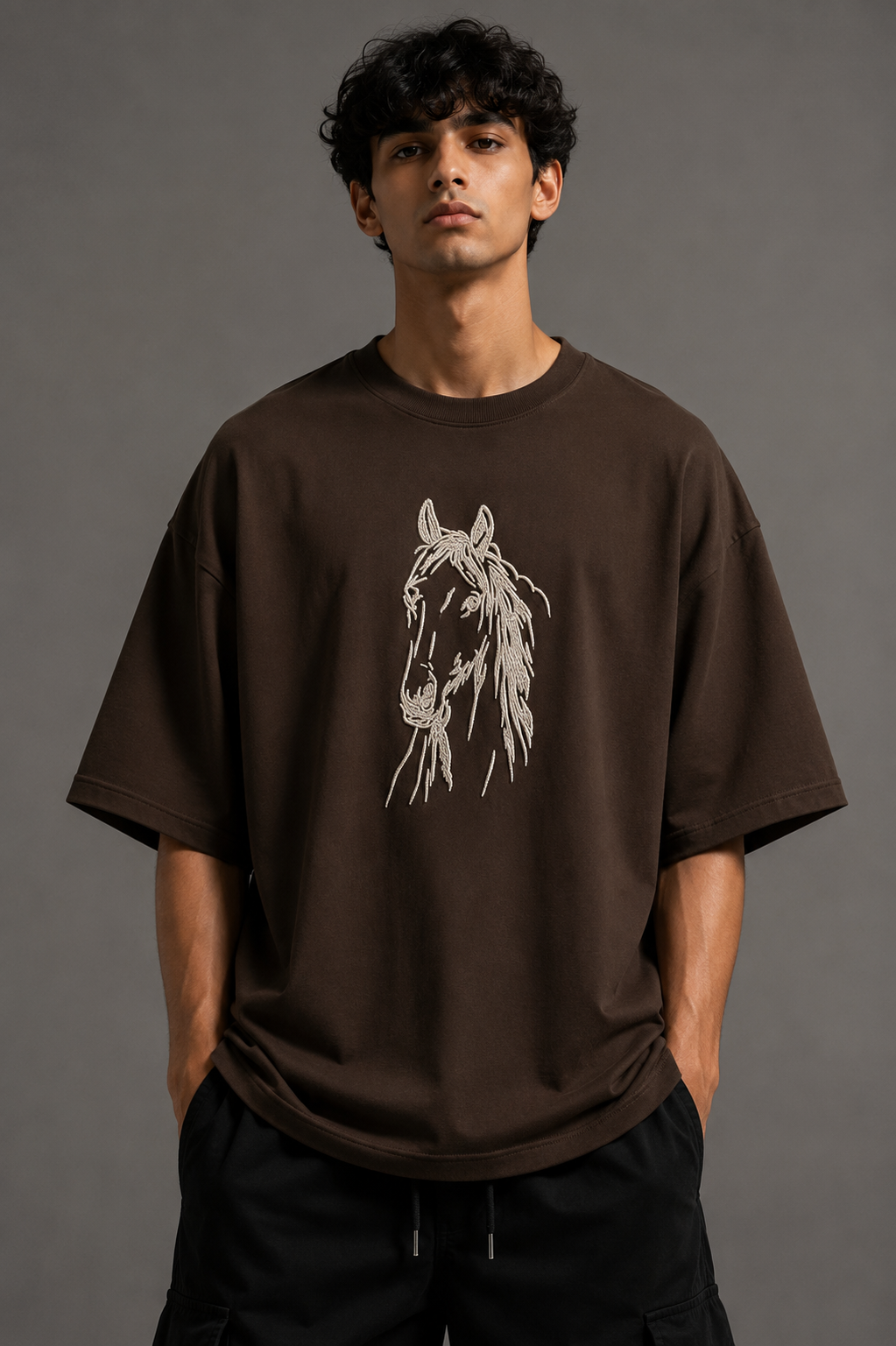 Zellee "Ink-Stitch Horse" Heavyweight Oversized Relaxed Fit T-Shirt