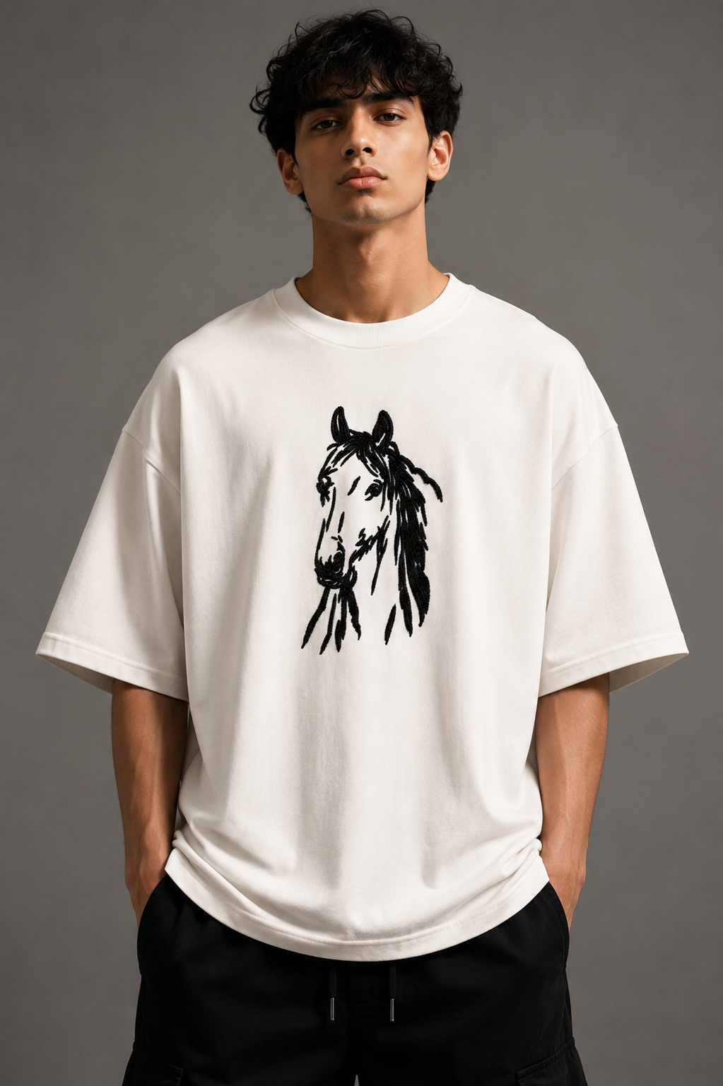 Zellee "Ink-Stitch Horse" Heavyweight Oversized Relaxed Fit T-Shirt
