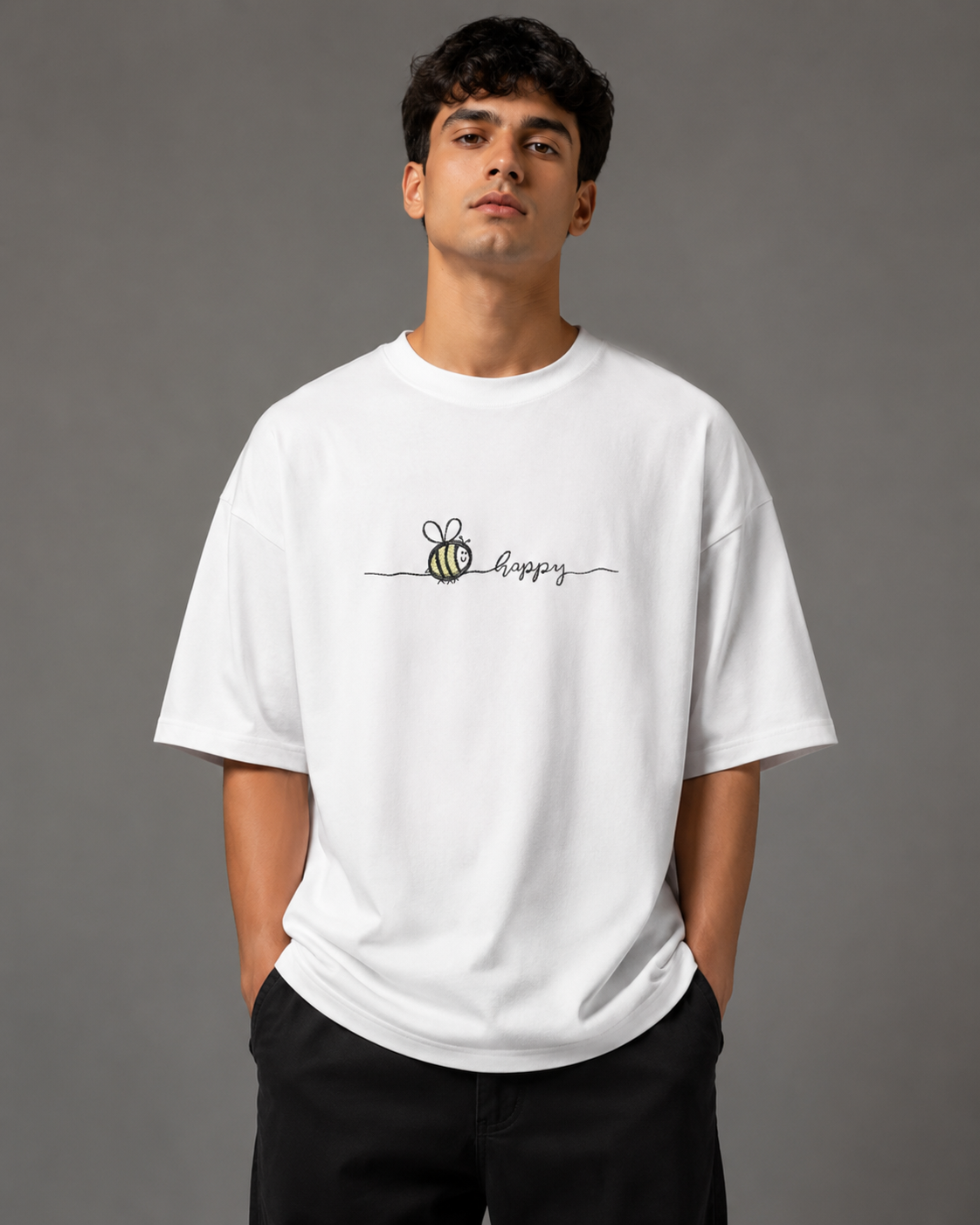 Zellee "Bee Happy" Line-Stitch Relaxed Fit Oversized T-Shirt