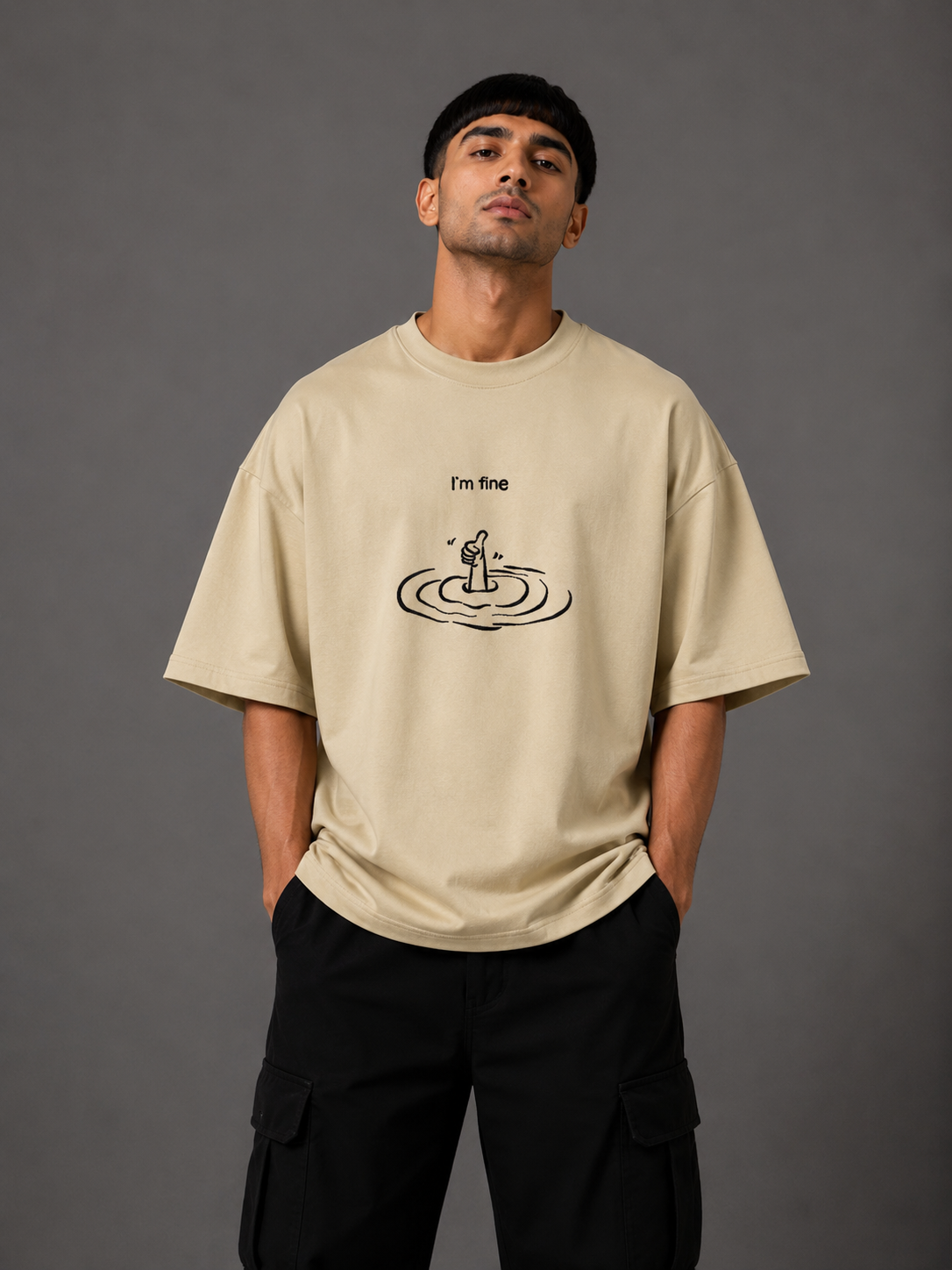 Zellee "I'm Fine" Line-Stitch Relaxed Fit Oversized T-Shirt