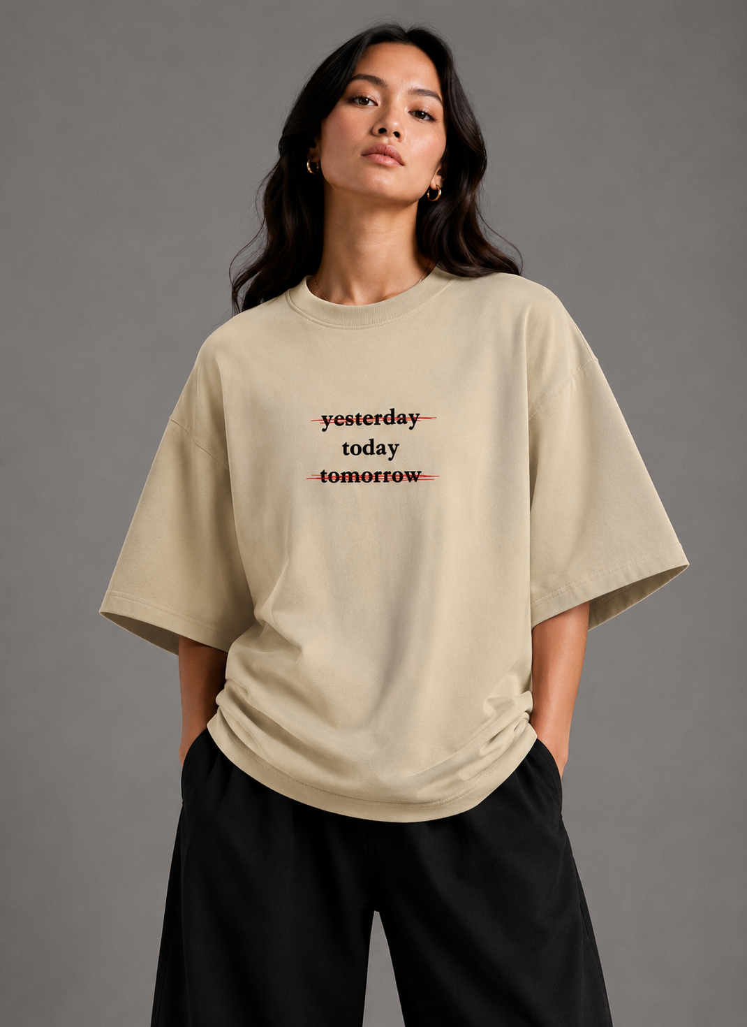 Zellee "Today" Line-Stitch Relaxed Fit Oversized T-Shirt