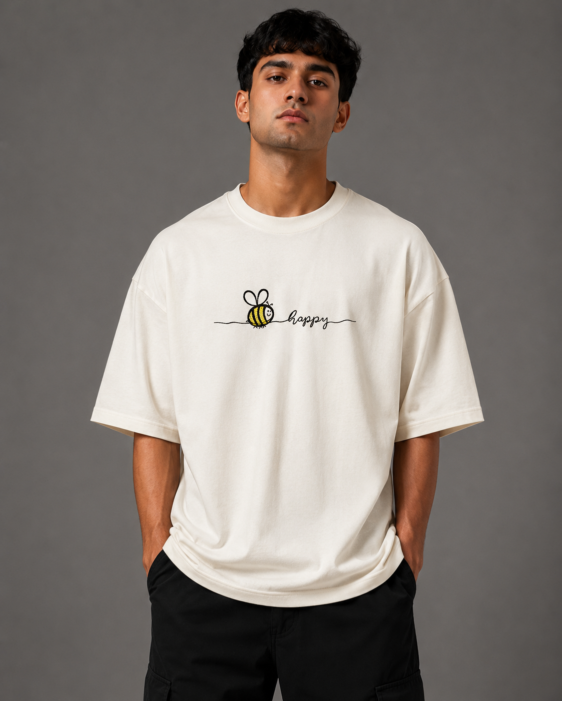 Zellee "Bee Happy" Line-Stitch Relaxed Fit Oversized T-Shirt