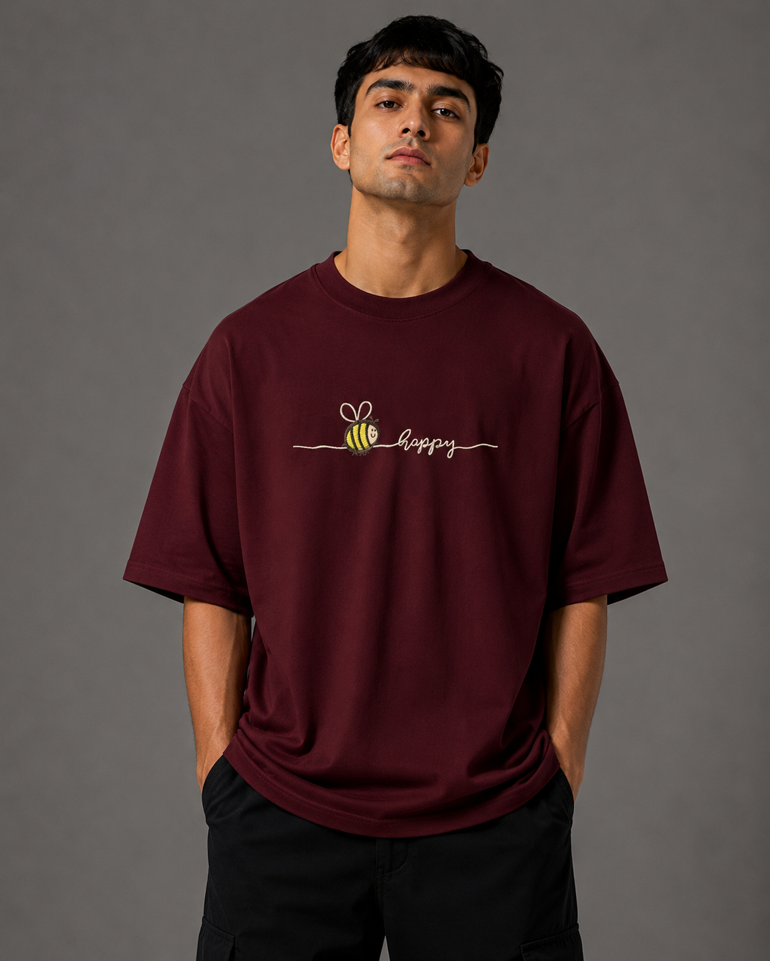 Zellee "Bee Happy" Line-Stitch Relaxed Fit Oversized T-Shirt