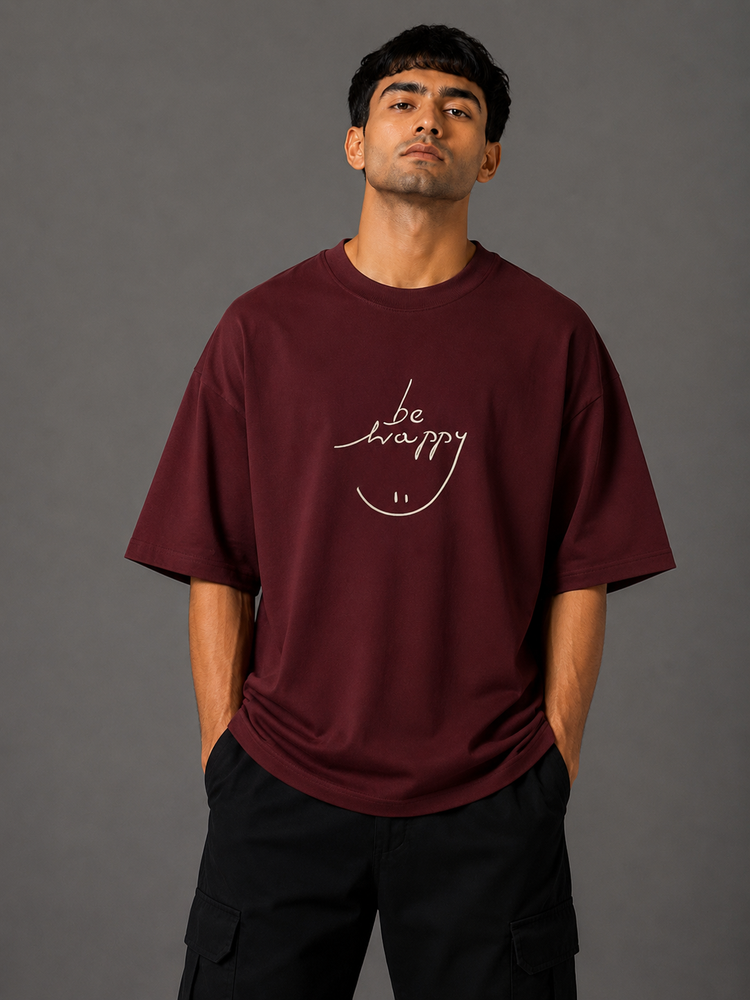 Zellee "Always Smile" Line-Stitch Relaxed Fit Oversized T-Shirt