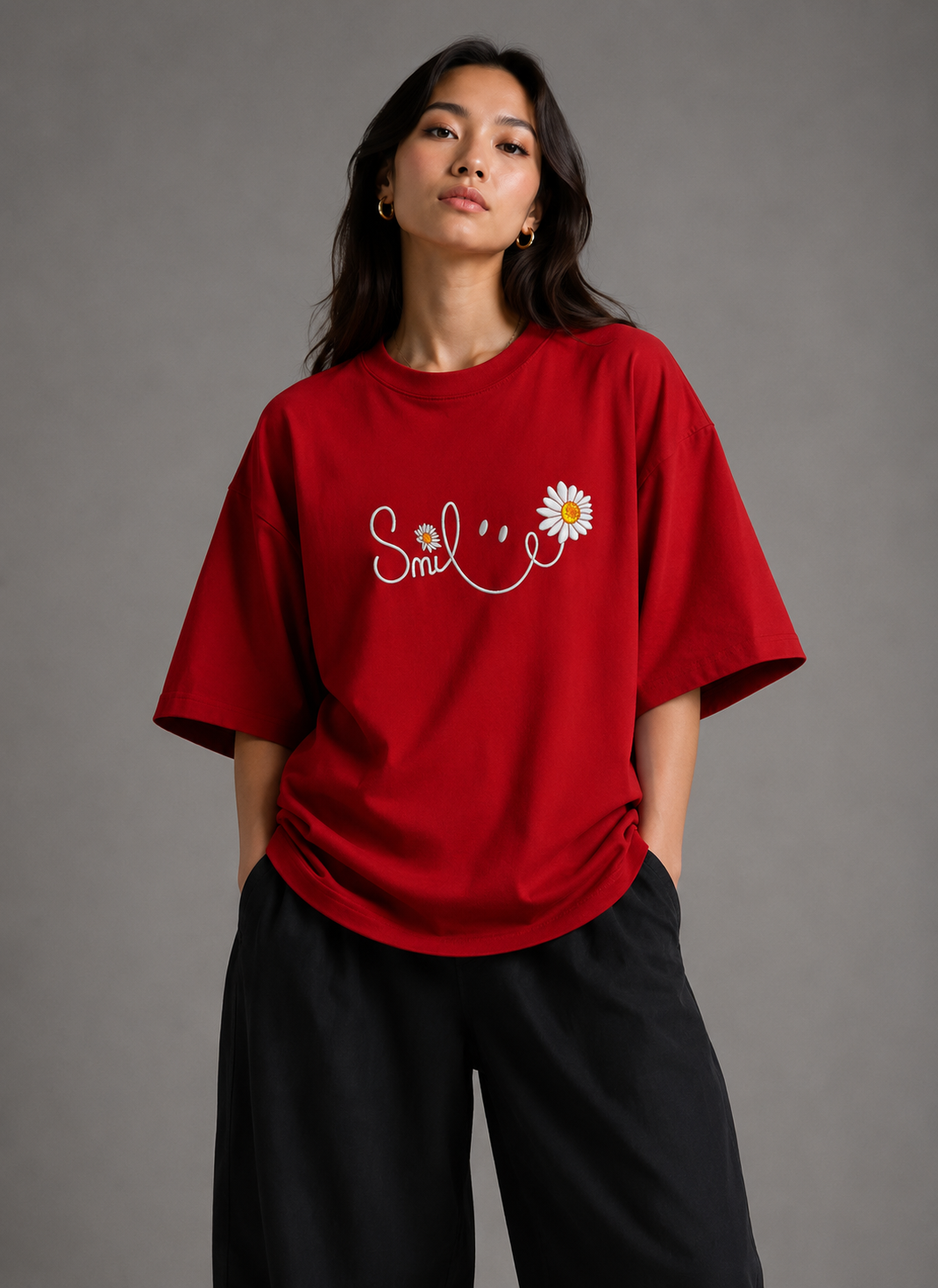 Zellee "Floral Smile" Line-Stitch Relaxed Fit Oversized T-Shirt
